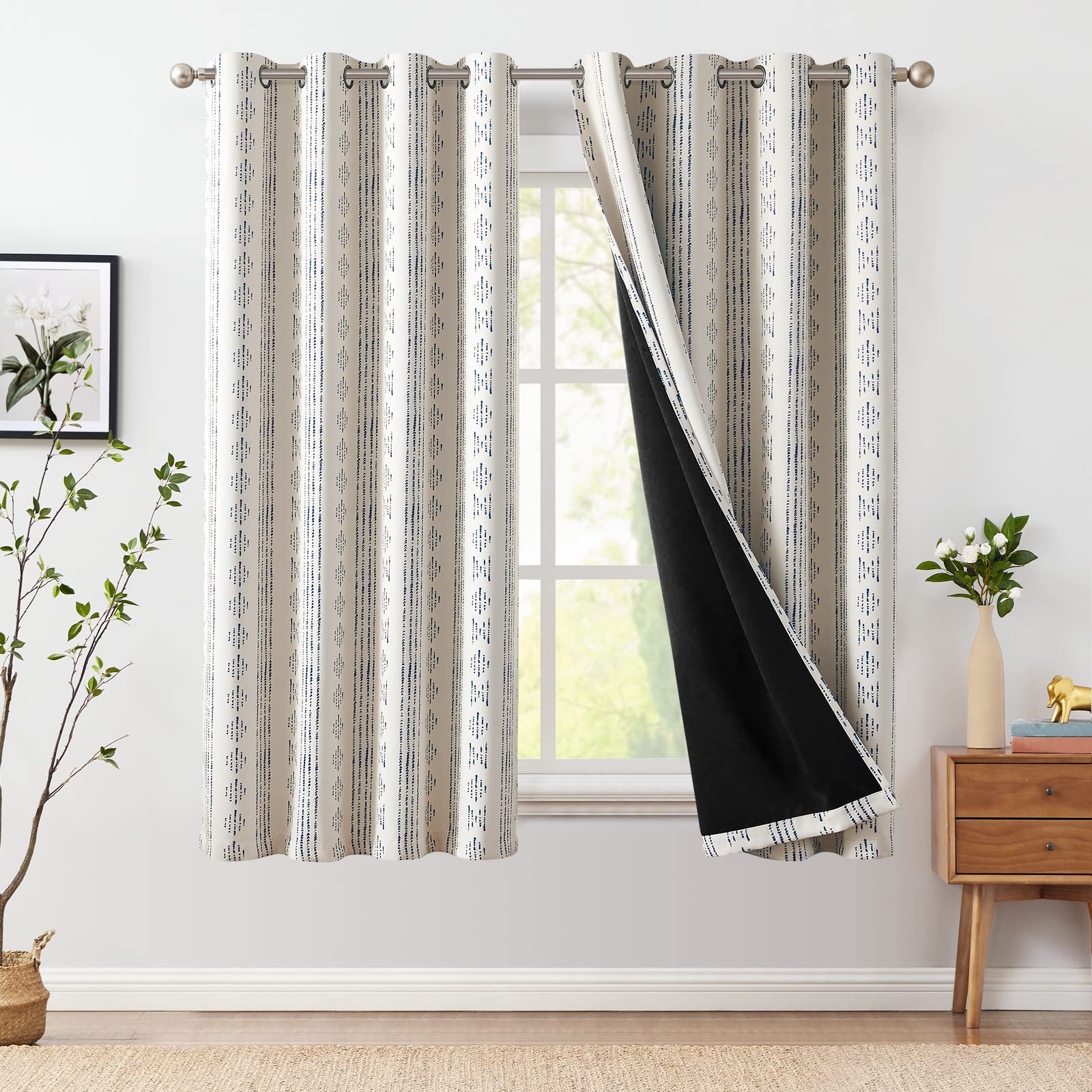 Jinchan 100% Blackout Curtains Boho Curtains For Bedroom 72 Inches Long White Curtains With Blue Pattern Grommet Top Thermal Ins