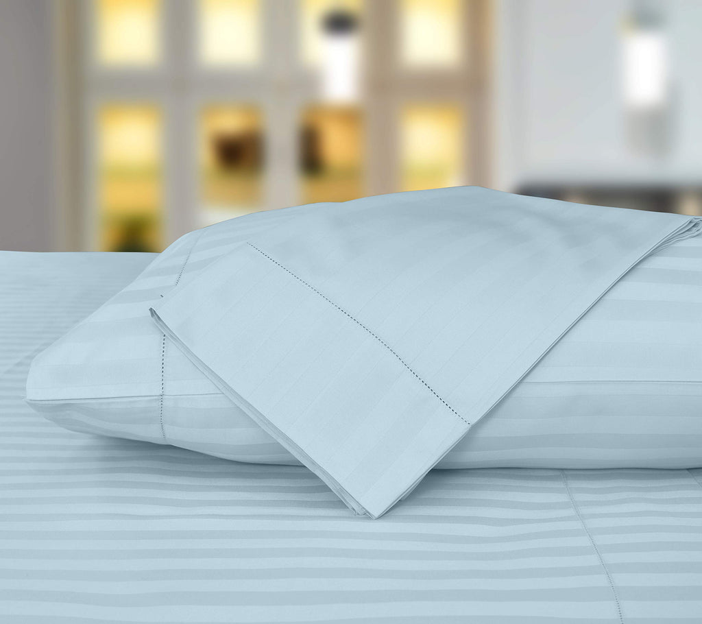 Threadmill 500 Thread Count King Size Damask Stripe, 4 Pc Luxury Cotton Bed Sheet Set, Breathable Light Blue Sheets With 16'' El
