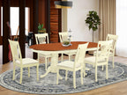East West Furniture PLAI7-WHI-C 7 Piece Dinette Set Consist of an Oval Dining Room Table with Butterfly Leaf and 6 Linen Fabric Upholstered Dining Chairs, 42x78 Inch, Buttermilk & Cherry