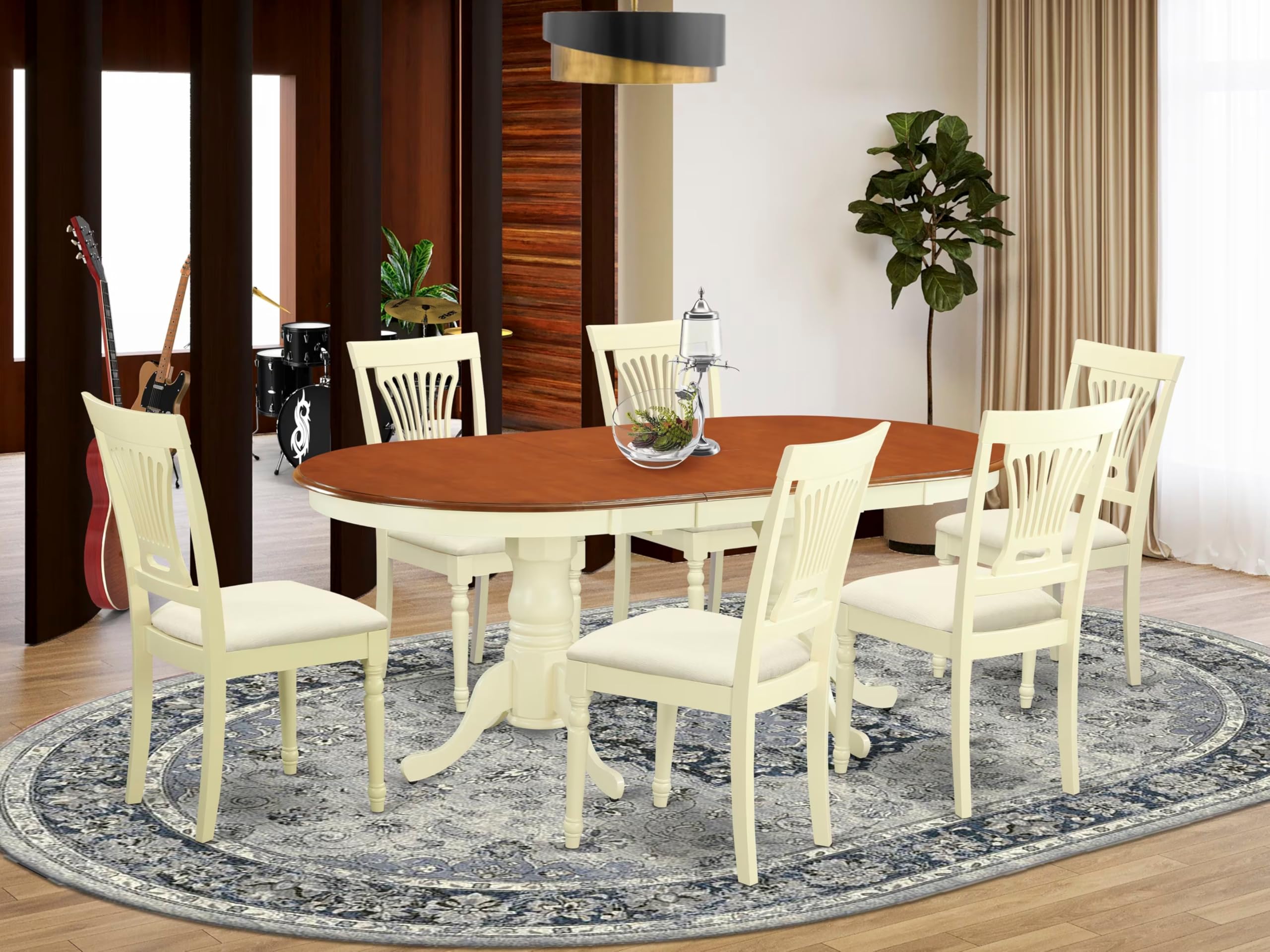 East West Furniture PLAI7-WHI-C 7 Piece Dinette Set Consist of an Oval Dining Room Table with Butterfly Leaf and 6 Linen Fabric Upholstered Dining Chairs, 42x78 Inch, Buttermilk & Cherry