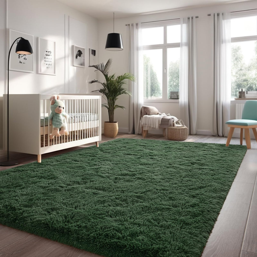 Larhom Fluffy Area Rugs For Living Room Bedroom, 5X8 Dark Green Ultra Soft Plush Fuzzy Rug, Anti-Skid Indoor Carpet Nursery Rugs