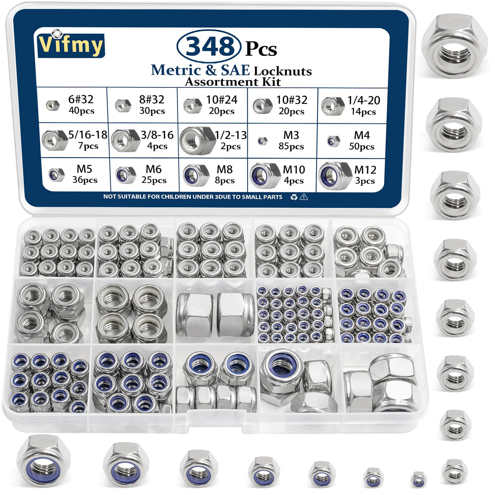 Vifmy Sae & Metric Nylon Insert Lock Nuts Kit(348Pcs),6#32 8#32 10#24 10#32 1/4-20 5/16-18 3/8-16 1/2-13 M3 M4 M5 M6 M8 M10 M12
