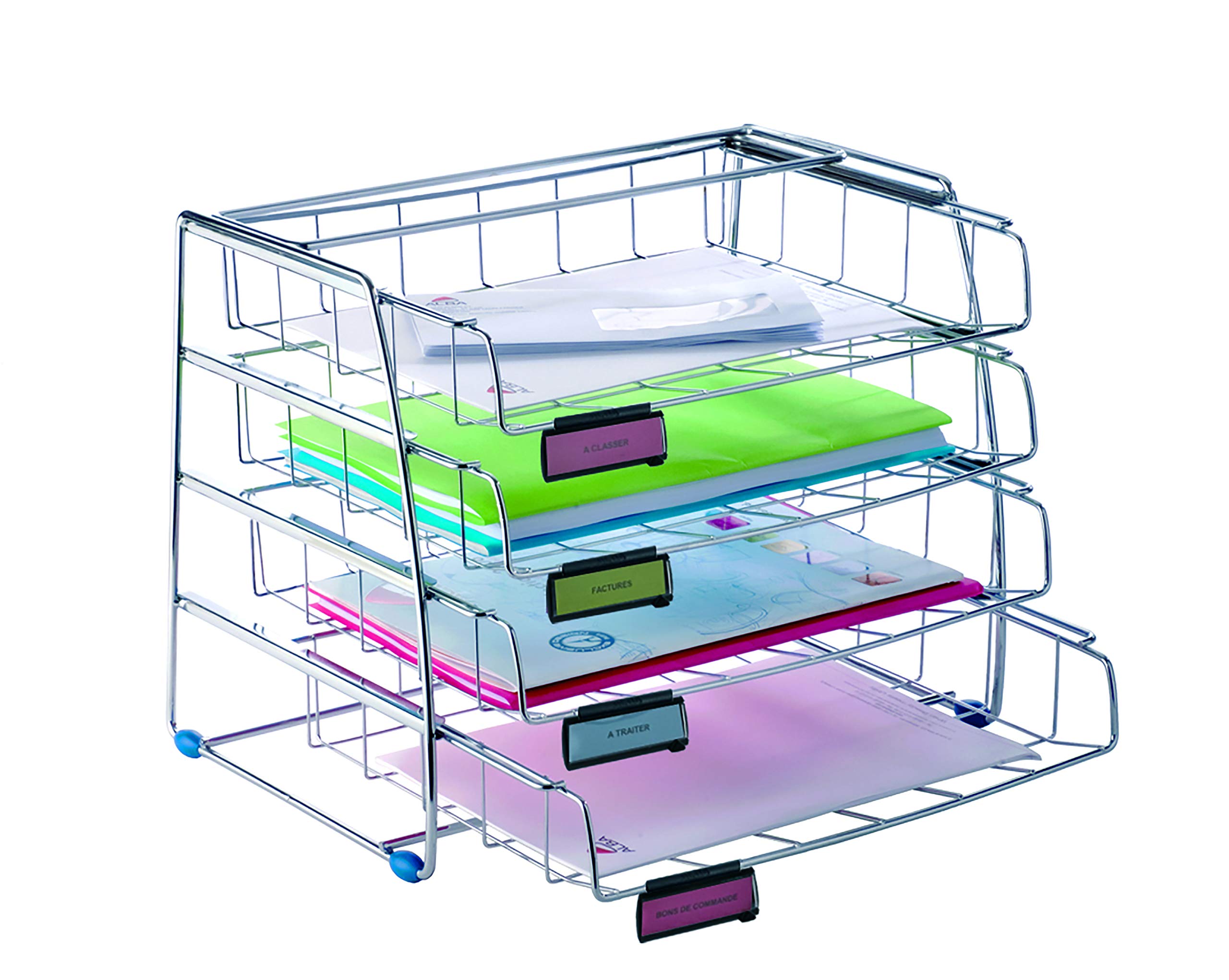 Alba Four-Level Side Loading Wire Desktop Letter Sized Trays, With Label Holders, Silver Metallic Finish (Cor4I)