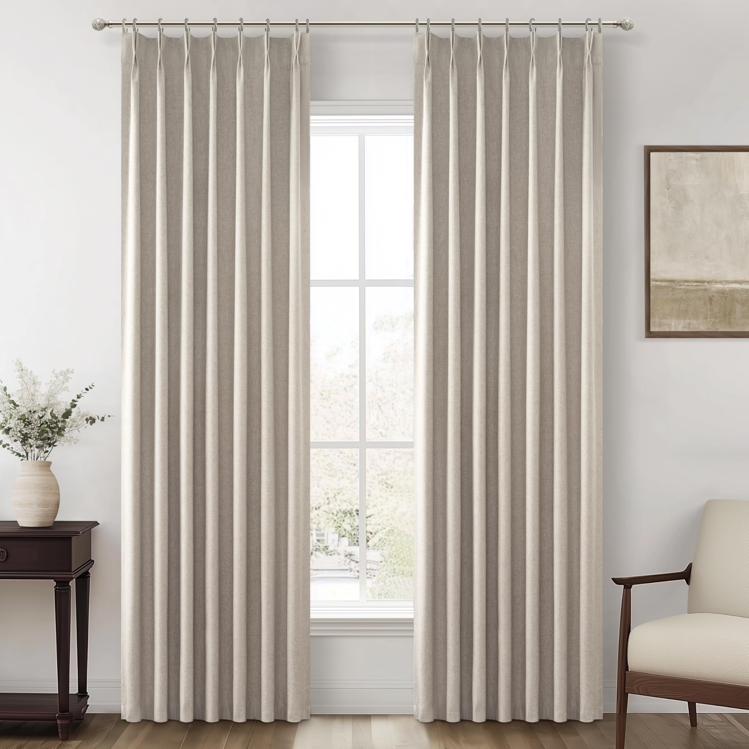 Grey Beige Linen Pinch Pleated Viral Thick Curtains Blackout & Drapes 84 Inch Length 2 Panels Set for Living Room, Black Out Win