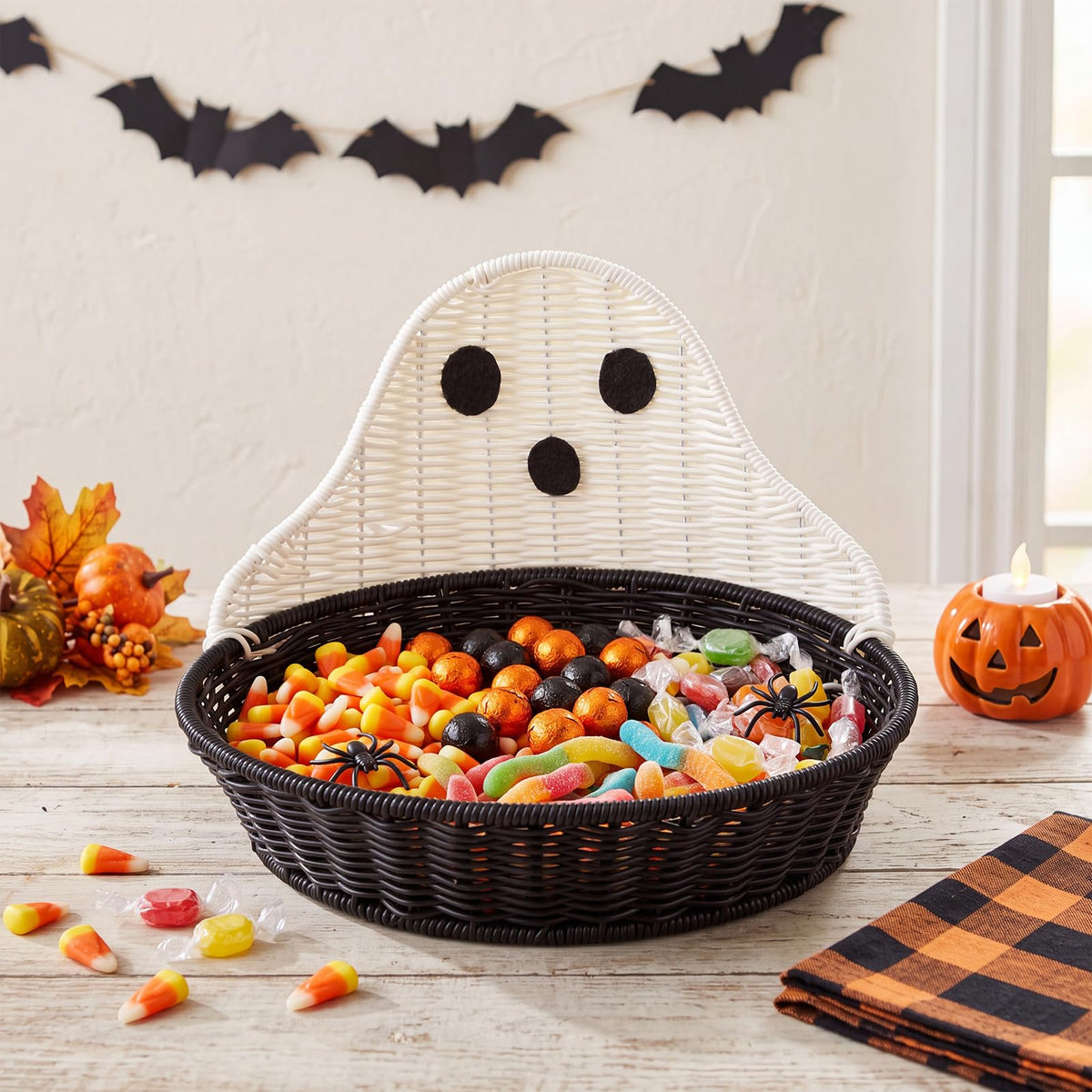 FoldTier Halloween Ghost Wicker Basket Trick or Treat Candy Bowl
