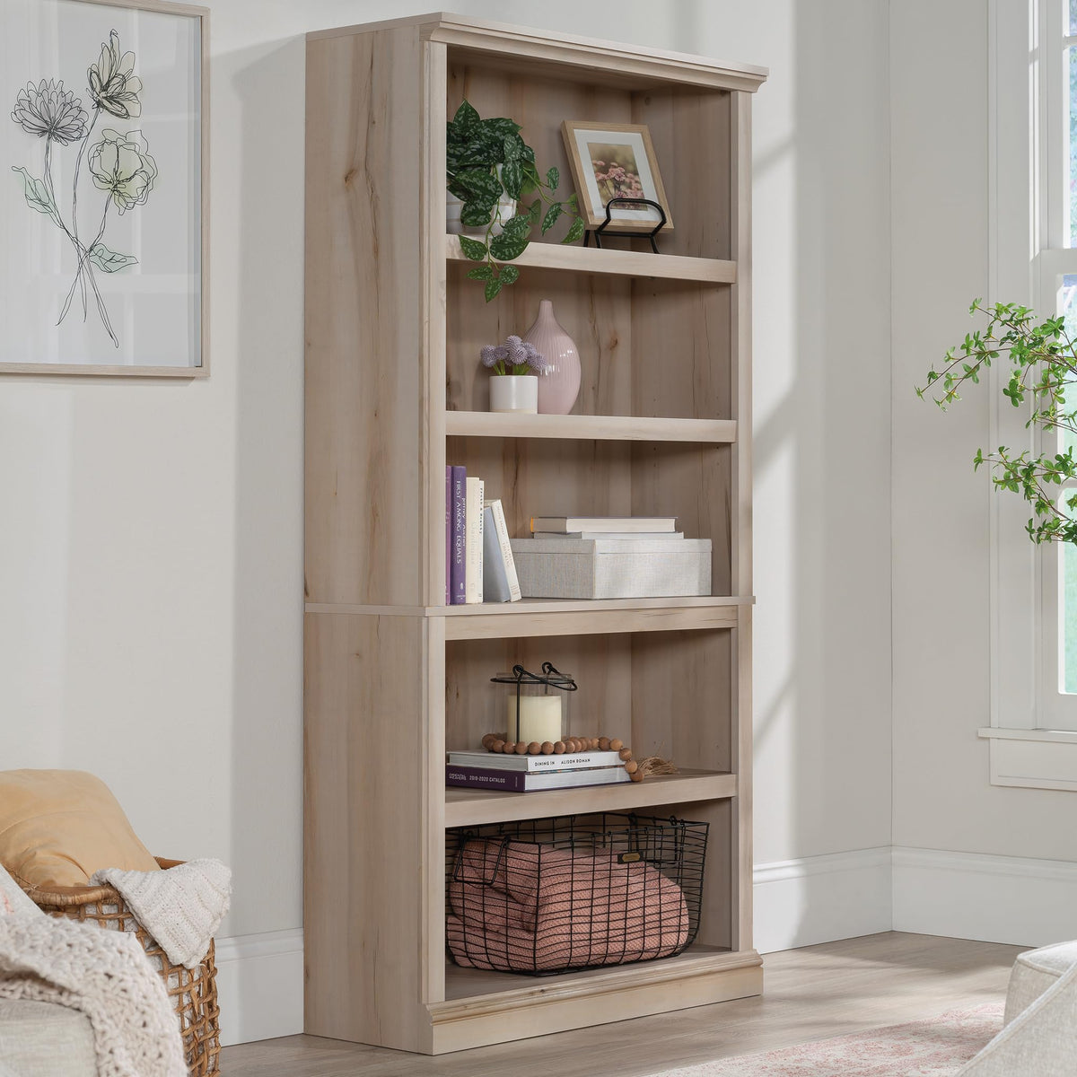 Sauder 5 Tier Book Shelf Wooden Bookcase Multipurpose Bookshelf For Home Office, Living Room, In Pacific Maple