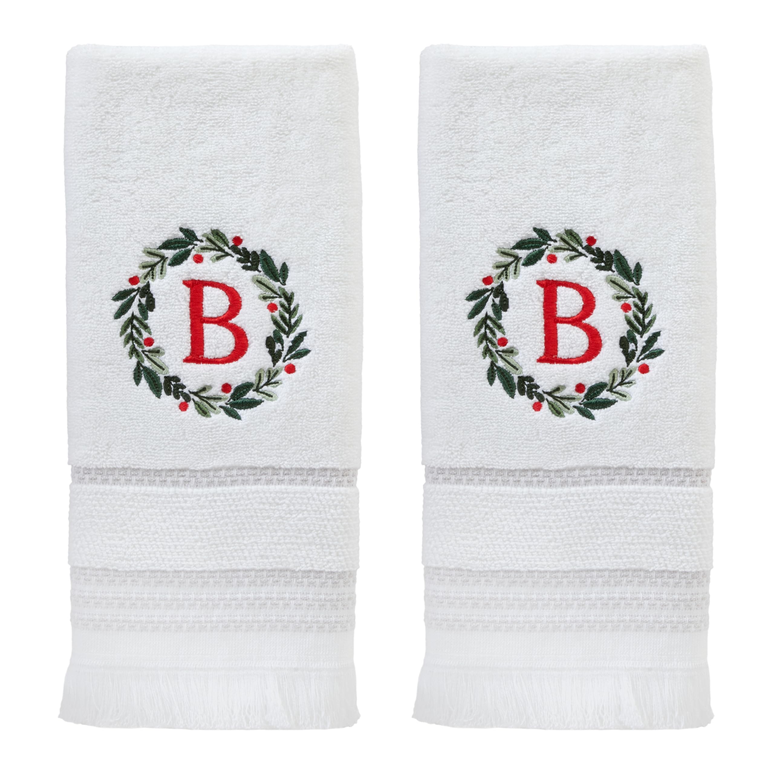 SKL Home Christmas/Winter Wreath Monogram Hand Towel B 2pc Set for Bath/Kitchen/Bar & Gift, White