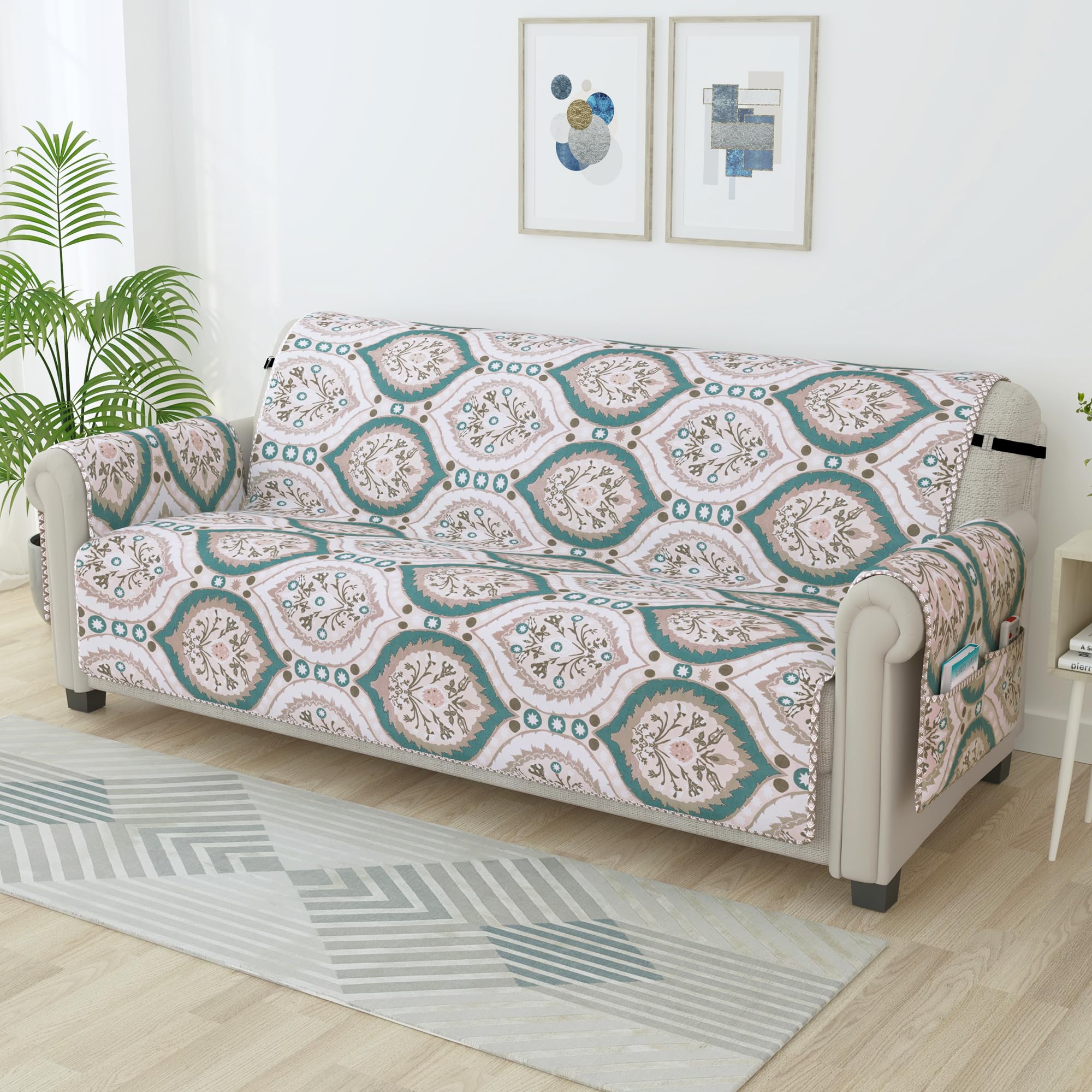 Story@Home Quilted Sofa Cover 3 Seater Fully Covered|175X 170 Microfiber Sofa Cover 3 Seater Ivory & Green,Motif & Paisley Desig