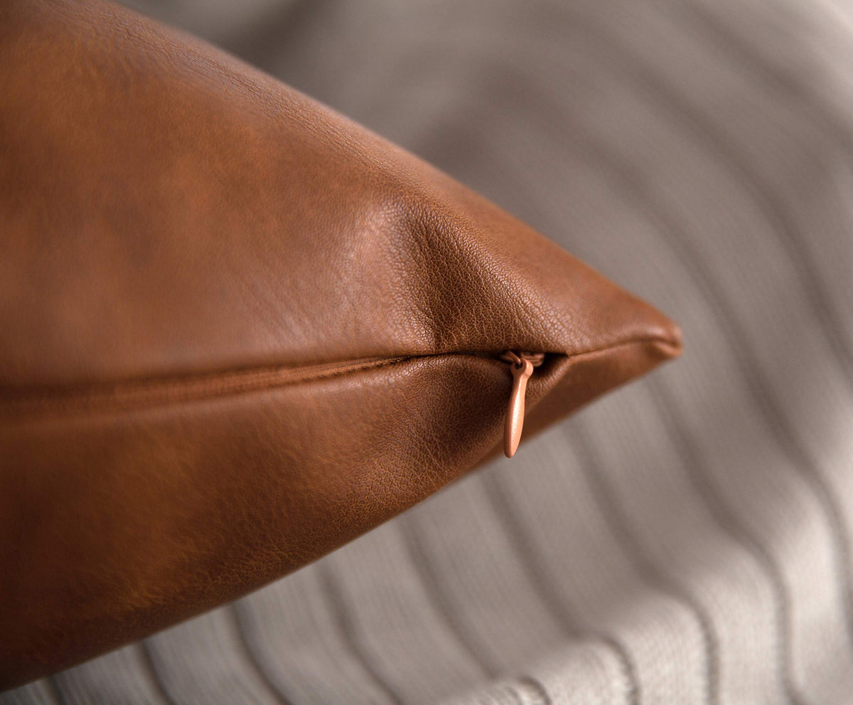 HOMFINER Faux Leather Throw Pillow Covers, Set of 2, 22x22 inch, Thick Cognac Brown, Modern Decorative Cushion Cases for Couch and Sofa
