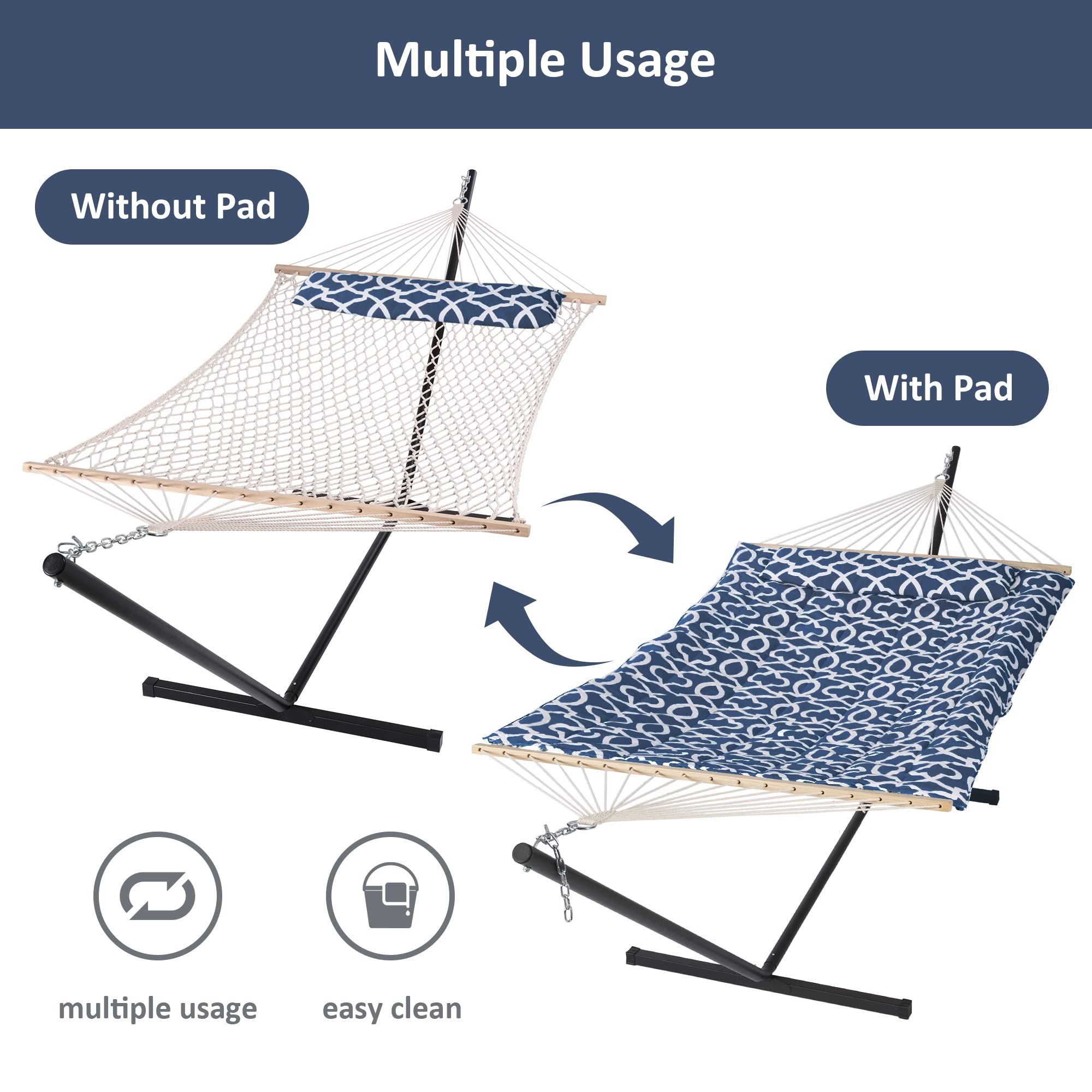 Suncreat Double Portable Hammock With Stand Included, 475 Lbs Capactiy, Extra Large Two Person Hammock, Blue Pattern