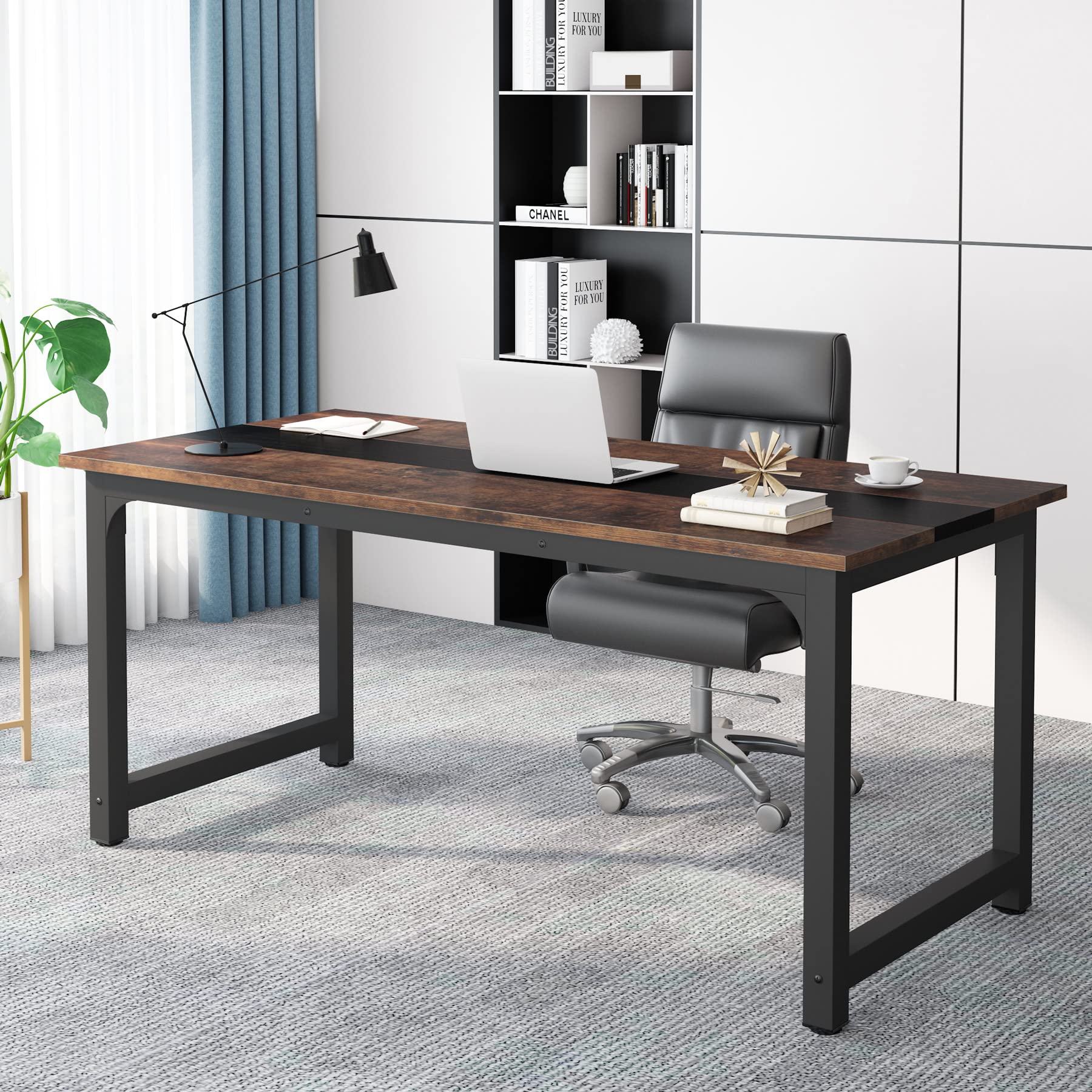 Tribesigns 70.8”Executive Desk, Large Office Computer Desk With Thicken Frame, Modern Simple Workstation Business Furniture For Home Office, Vintage Brown/Black