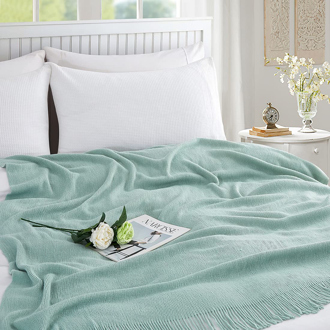 Homiest Decorative Knitted Throw Blanket With Fringe Soft & Cozy Tassel Blanket For Couch Sofa Bed (Light Green, 50X60)