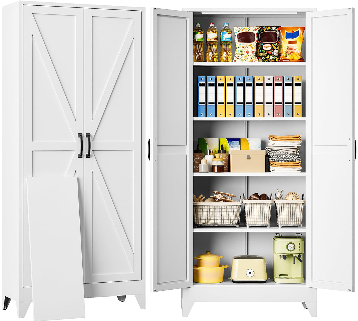 SISESOL 75 Tall Pantry Cabinet,Farmhouse Kitchen Pantry Storage Cabinets with 2 Doors and 5 Shelves,White Metal Storage Cabinet