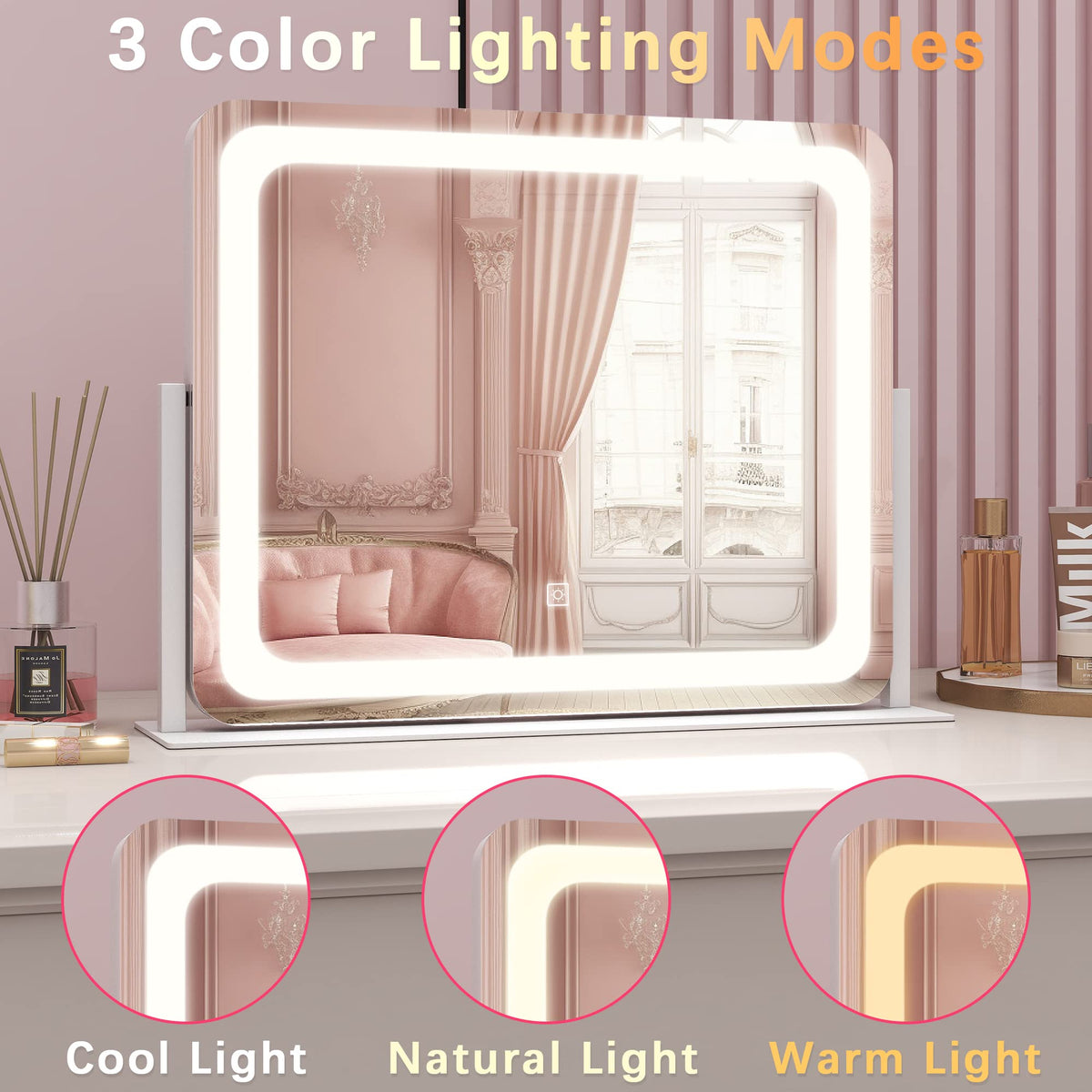 ROLOVE Large Vanity Mirror with Lights, 22"x17" Dimmable LED Makeup Mirror, Smart Touch Control, 360° Rotation, White Aluminum Alloy Frame
