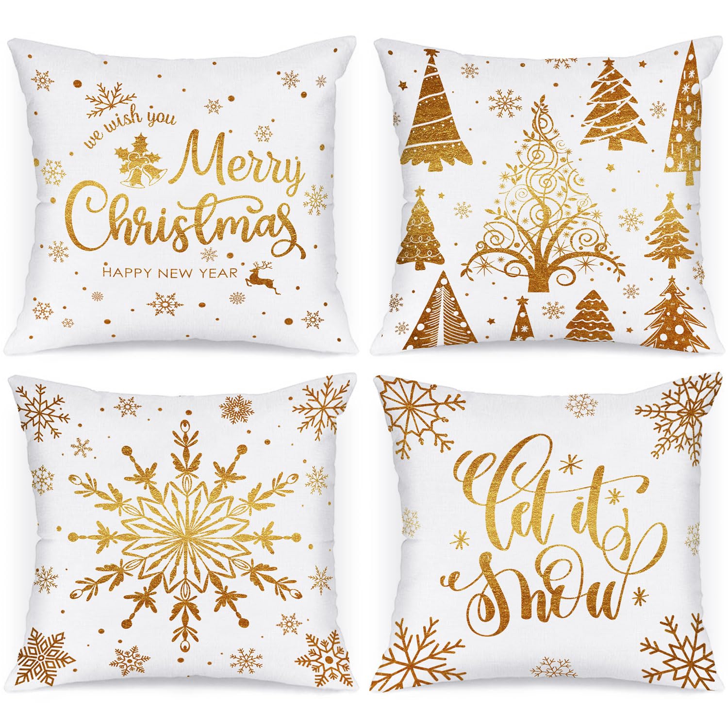 Lanpn Christmas Throw Pillow Covers 12X12 4 Pcs, 12 Inch White And Gold Bronzing Decorative Xmas Cushion Covers Pillow Cases 12