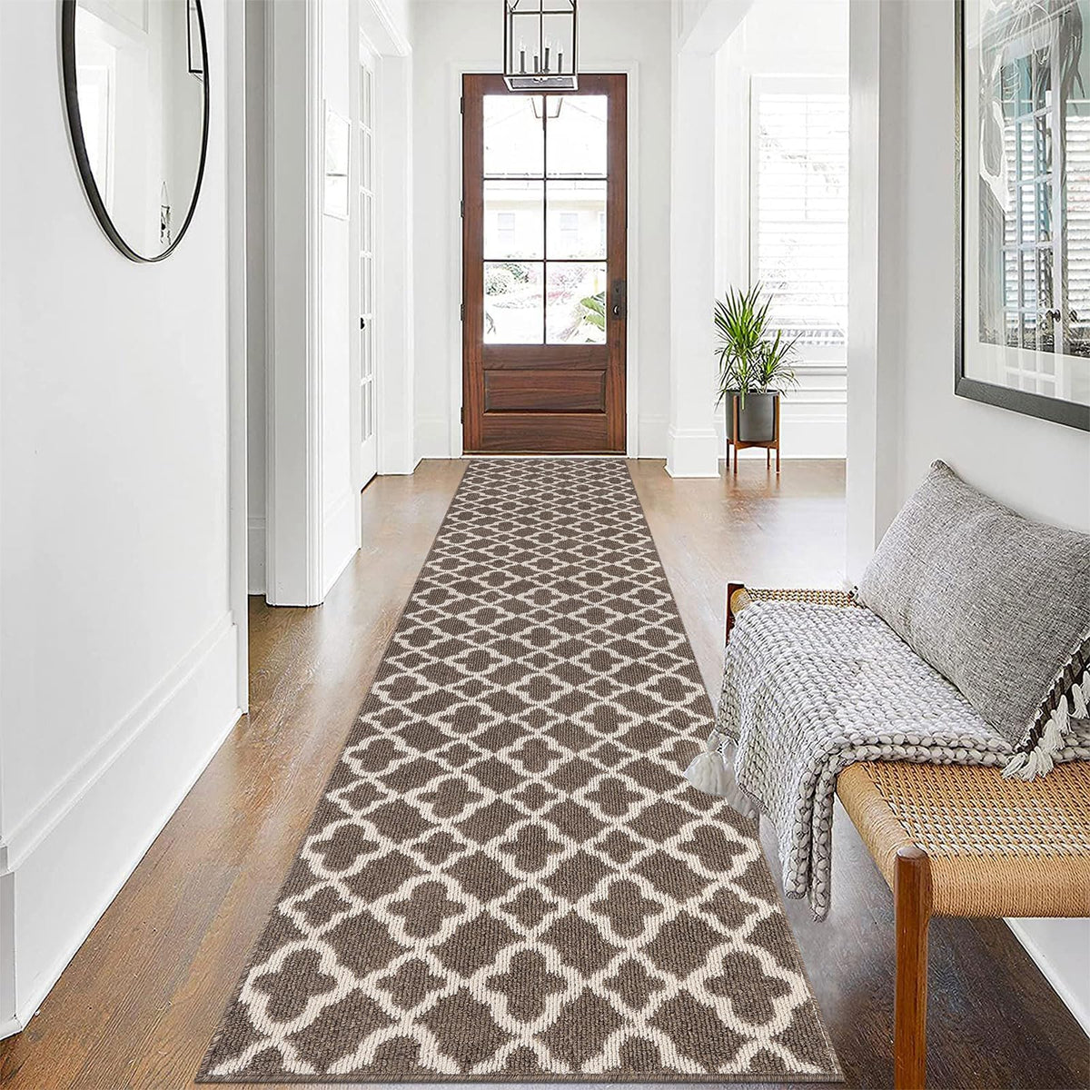 UArtlines Extra Long Runner Rug for Hallway 2.6  12feet Non Slip Kitchen Floor Carpet Runners Brown Geometric Pattern Machine W