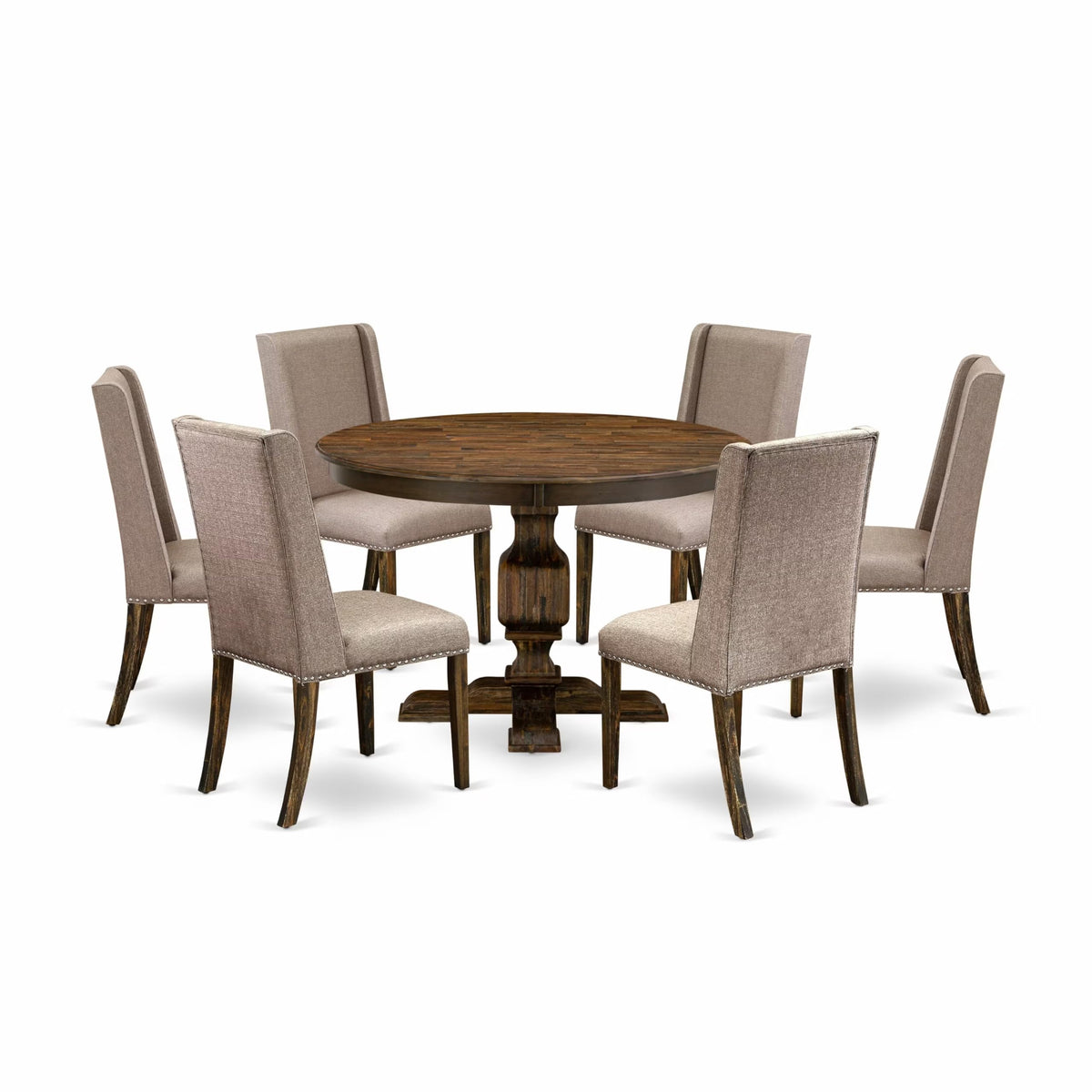 East West Furniture F3FL7-716 7 Piece Dining Set Consist of a Round Dining Room Table with Pedestal and 6 Dark Khaki Linen Fabric Upholstered Parson Chairs, 48x48 Inch, Distressed Jacobean