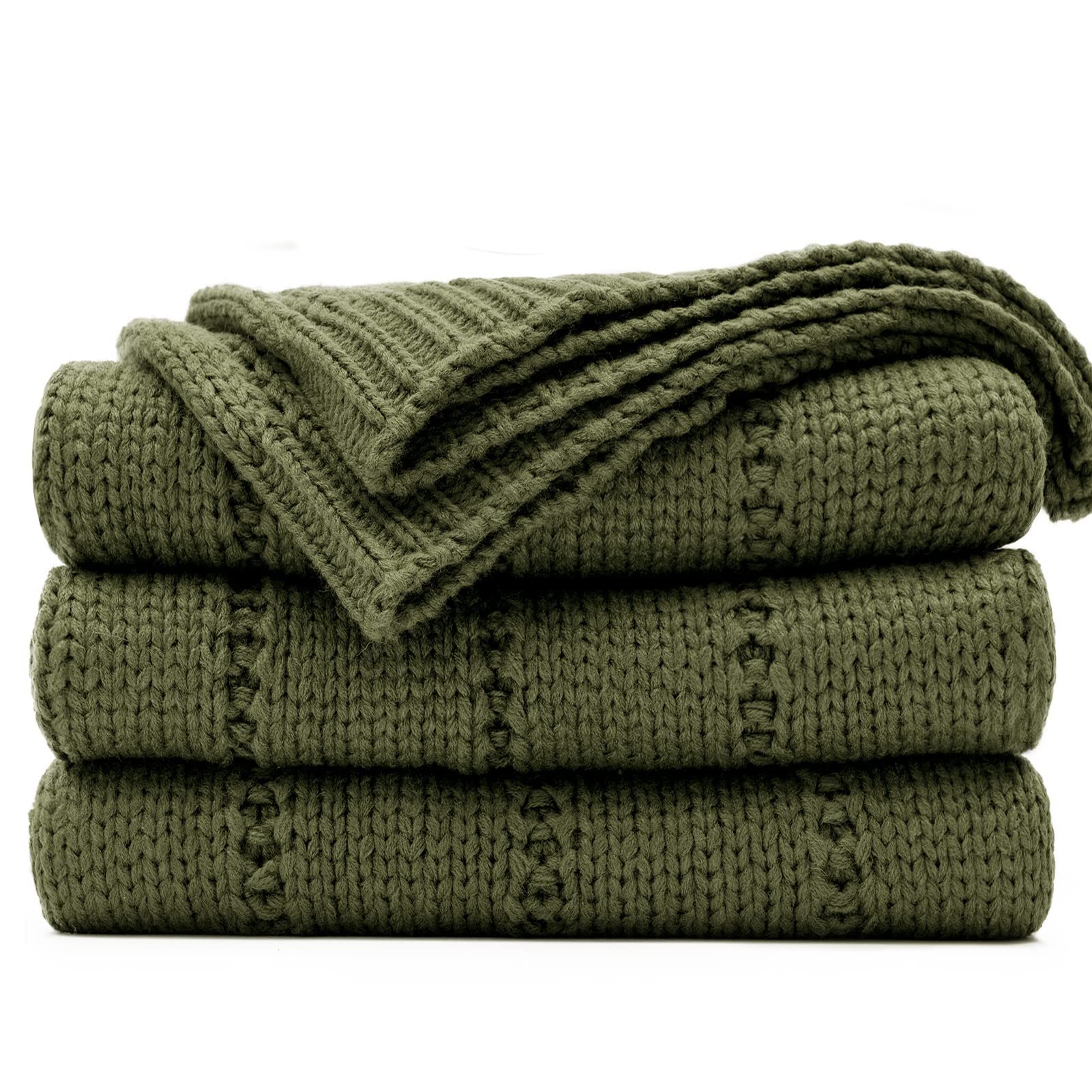 Recyco Cable Knit Moss Green Throw Blanket For Couch, Super Soft Warm Cozy Decorative Knitted Throw Blanket 2.3Lb For Bed, Sofa,