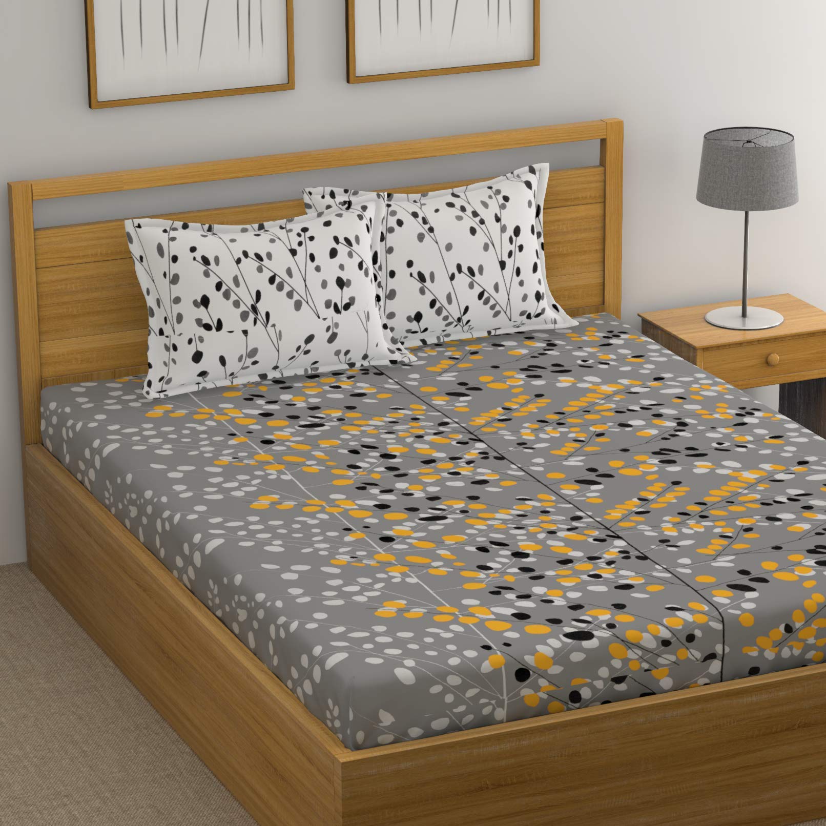 Huesland By Ahmedabad Cotton 144 Tc Cotton Bedsheet For Double Bed With 2 Pillow Covers  Grey And White