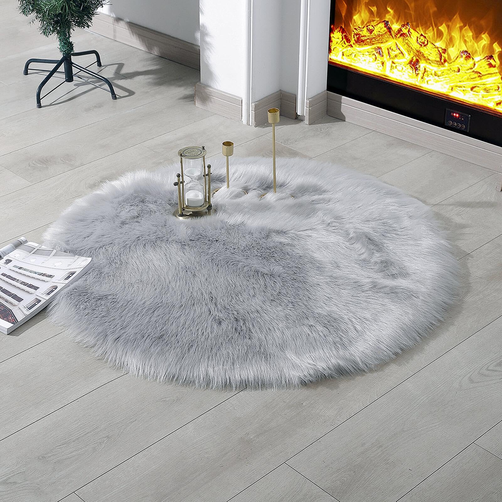 linmopm Faux Fur Rug Sheepskin Shag Fluffy Fuzzy Grey 3x3 ft Rugs for Bedroom Bedside Bed Floor Living Room Plush Round High-Den