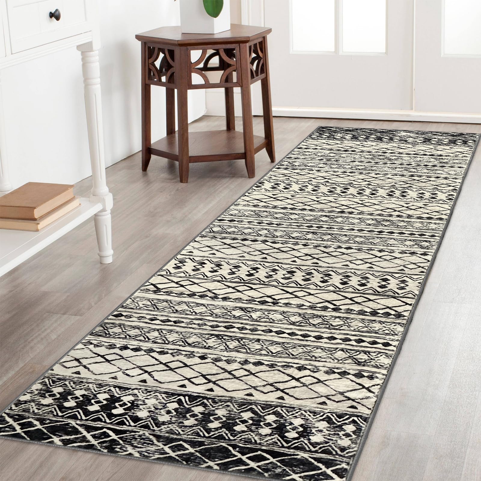 KUTA Moroccan Kitchen Runner Rug 2x7, Non-Slip Vintage Black Navy Blue Boho Washable Rug Hallway Runner Ultra Soft Print Geometr