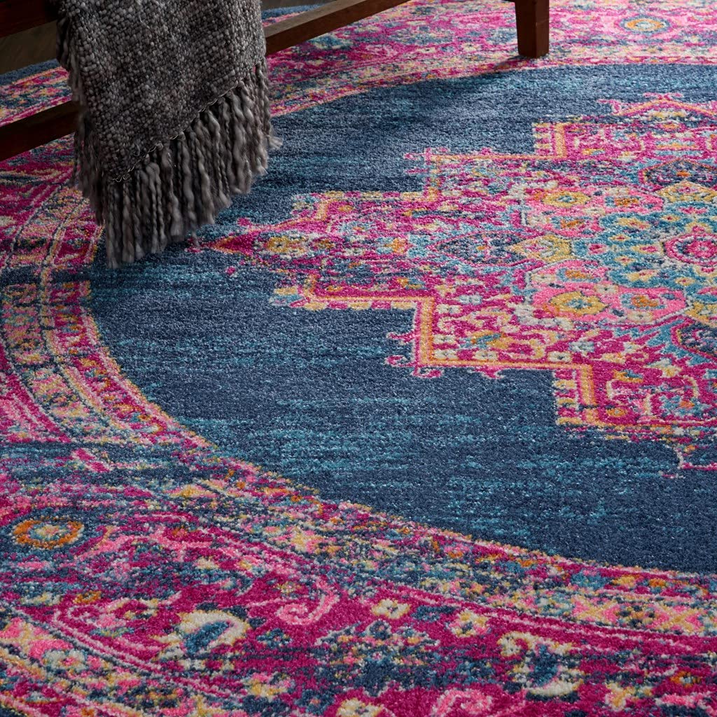 HomeRoots 100% Polypropylene 8’ Round Blue and Pink Medallion Area Rug