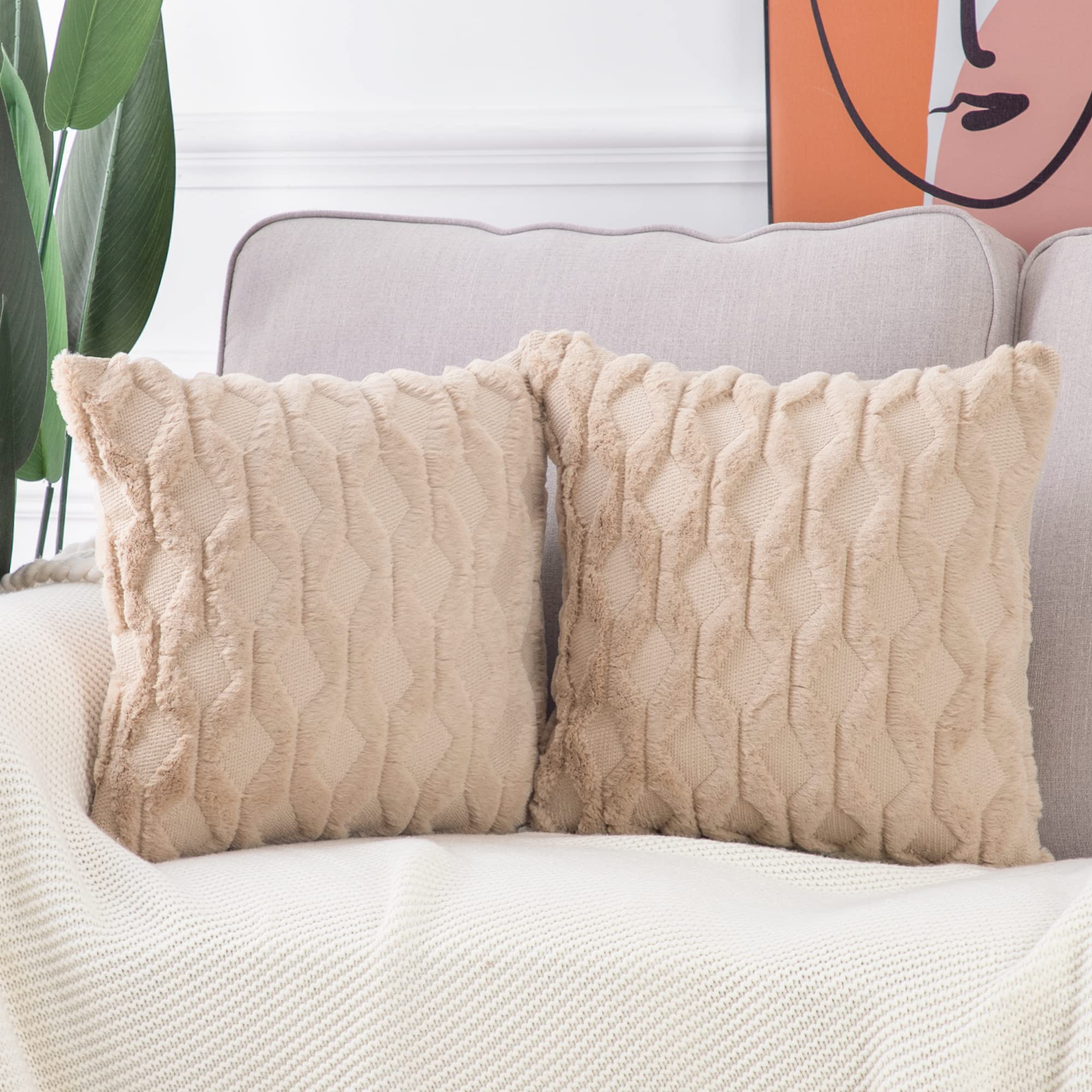 Madizz Set Of 2 Soft Plush Short Wool Velvet Decorative Throw Pillow Covers 20X20 Inch Khaki Square Luxury Style Cushion Cases P