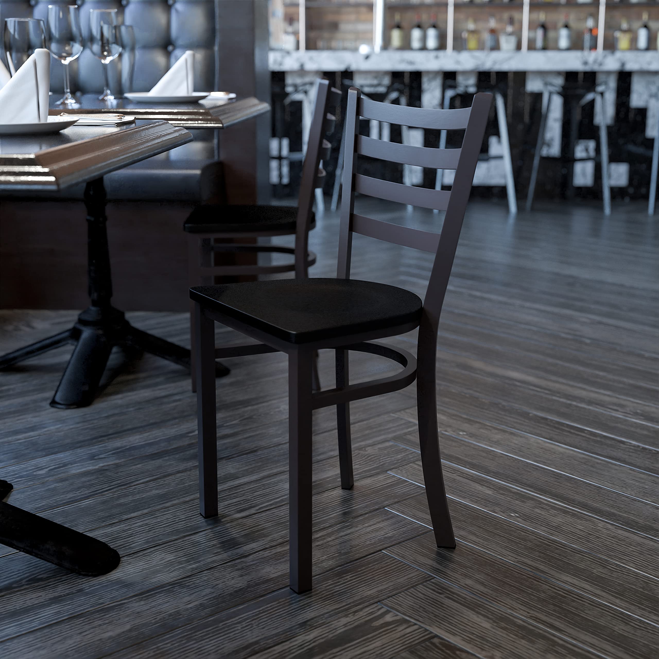 Flash Furniture HERCULES Series Black Ladder Back Metal Restaurant Chair - Mahogany Wood Seat