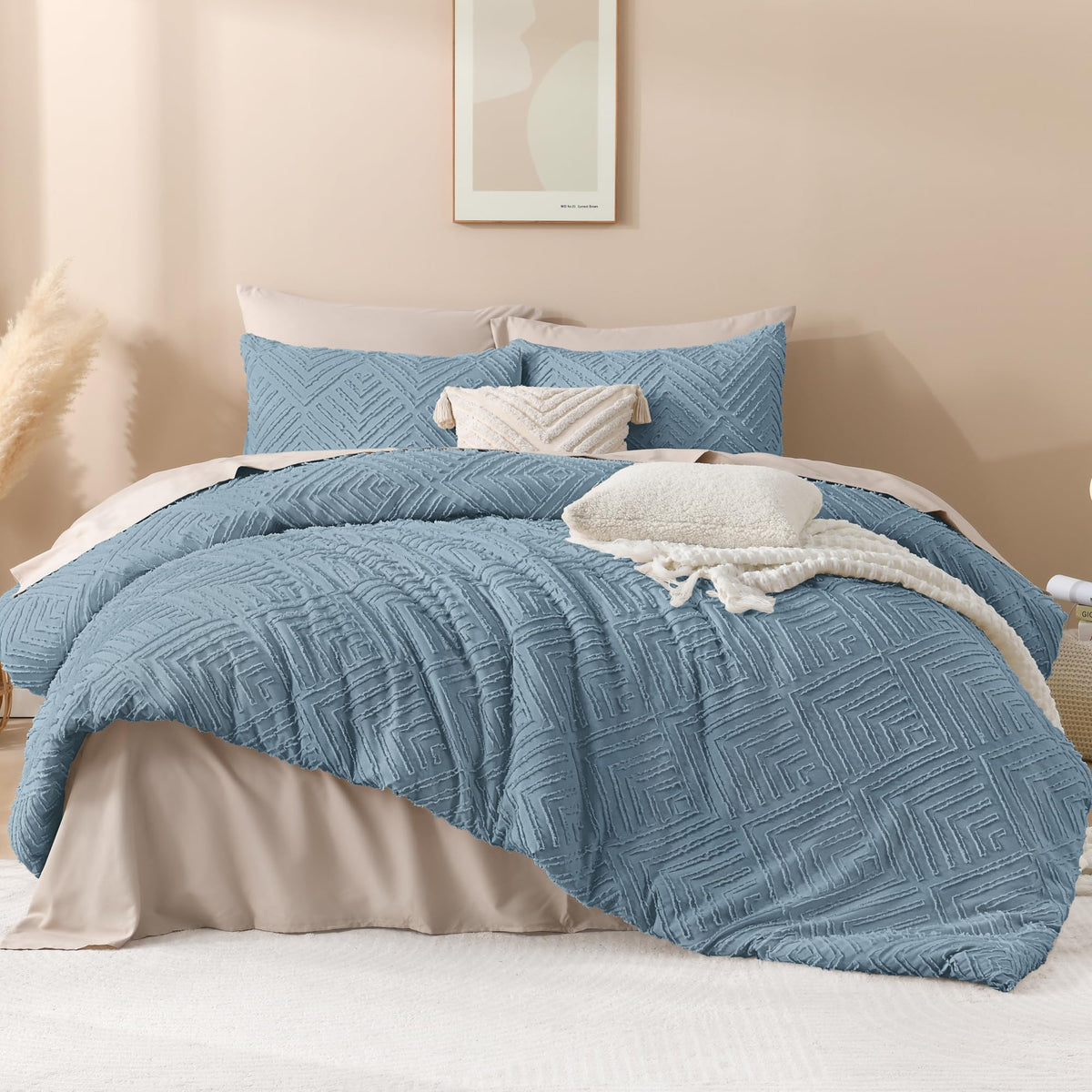 Andency Grayish Blue California King Comforter Set, 3 Pieces Grayish Blue Boho Bedding Set & Collections, Farmhouse Tufted Fluffy Bed Set For California King Bed (1 Comforter 104X96In, 2 Pillowcases)
