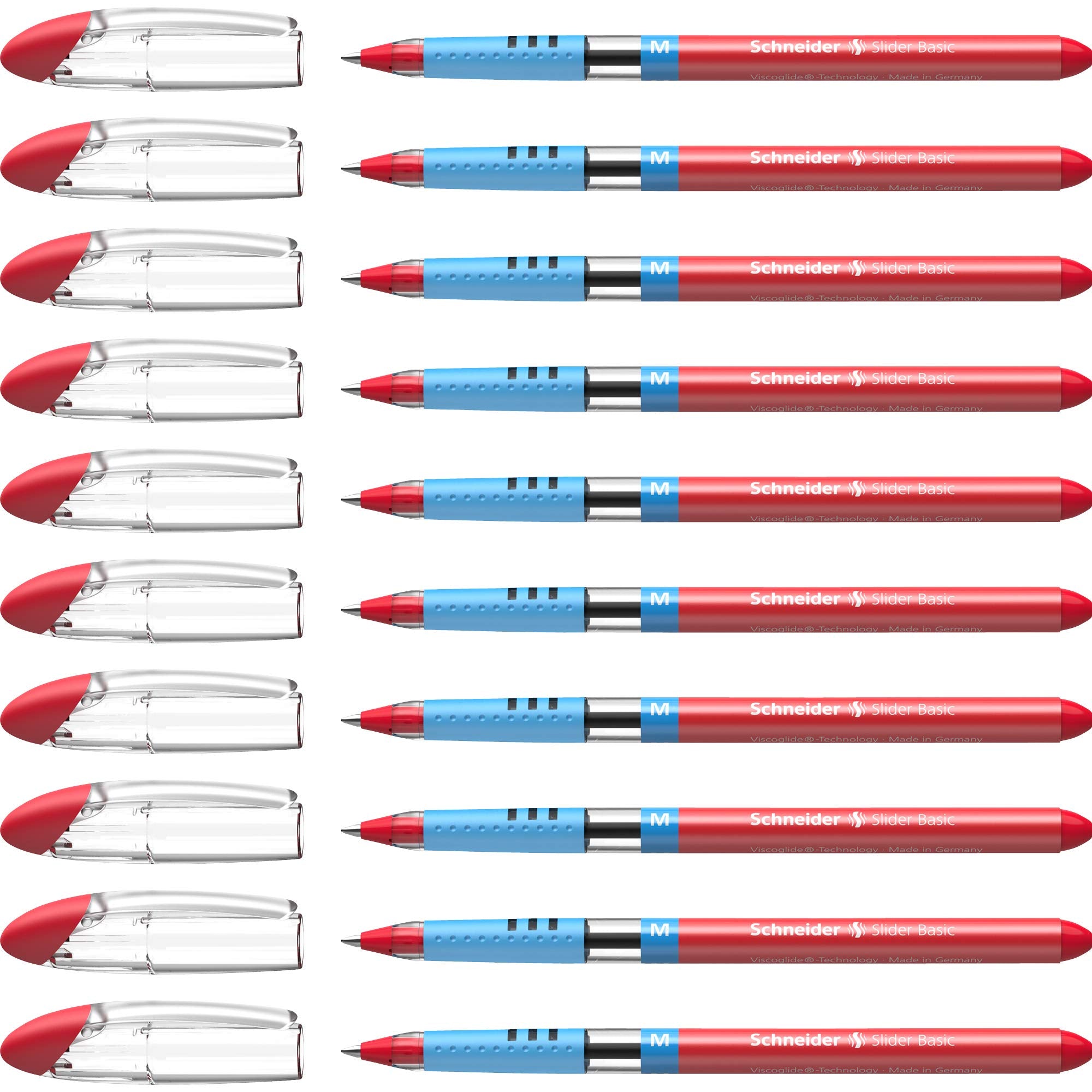 Schneider Slider Basic M (Medium) Ballpoint Pen, 1.0 Mm, Light Blue Barrel, Red Ink, Box Of 10 Pens (151102)