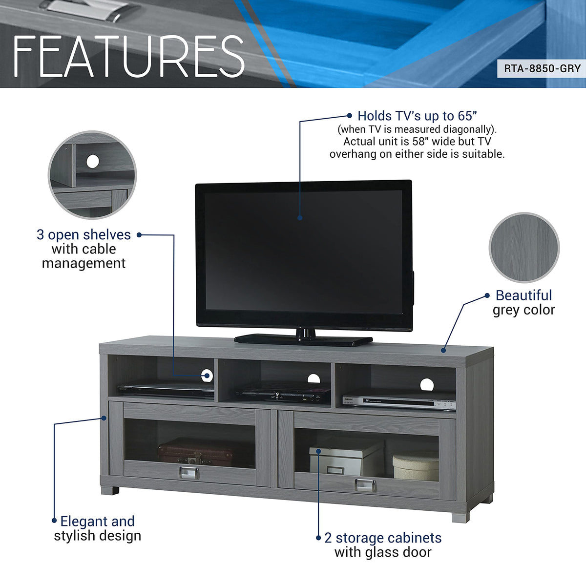 65” Tv Stand With Storage & Glass Display Cabinets, Grey Tv Stand For Living Room Or Bedroom With Cable Management, Fits Screens Up To 65 Inches When Measured Diagonally, Grey