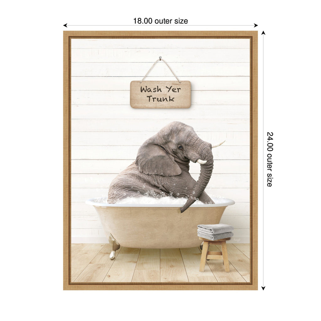 Sylvie Young Elephant in Modern Bathtub  Wash Your Trunk Framed Canvas by Amy Peterson