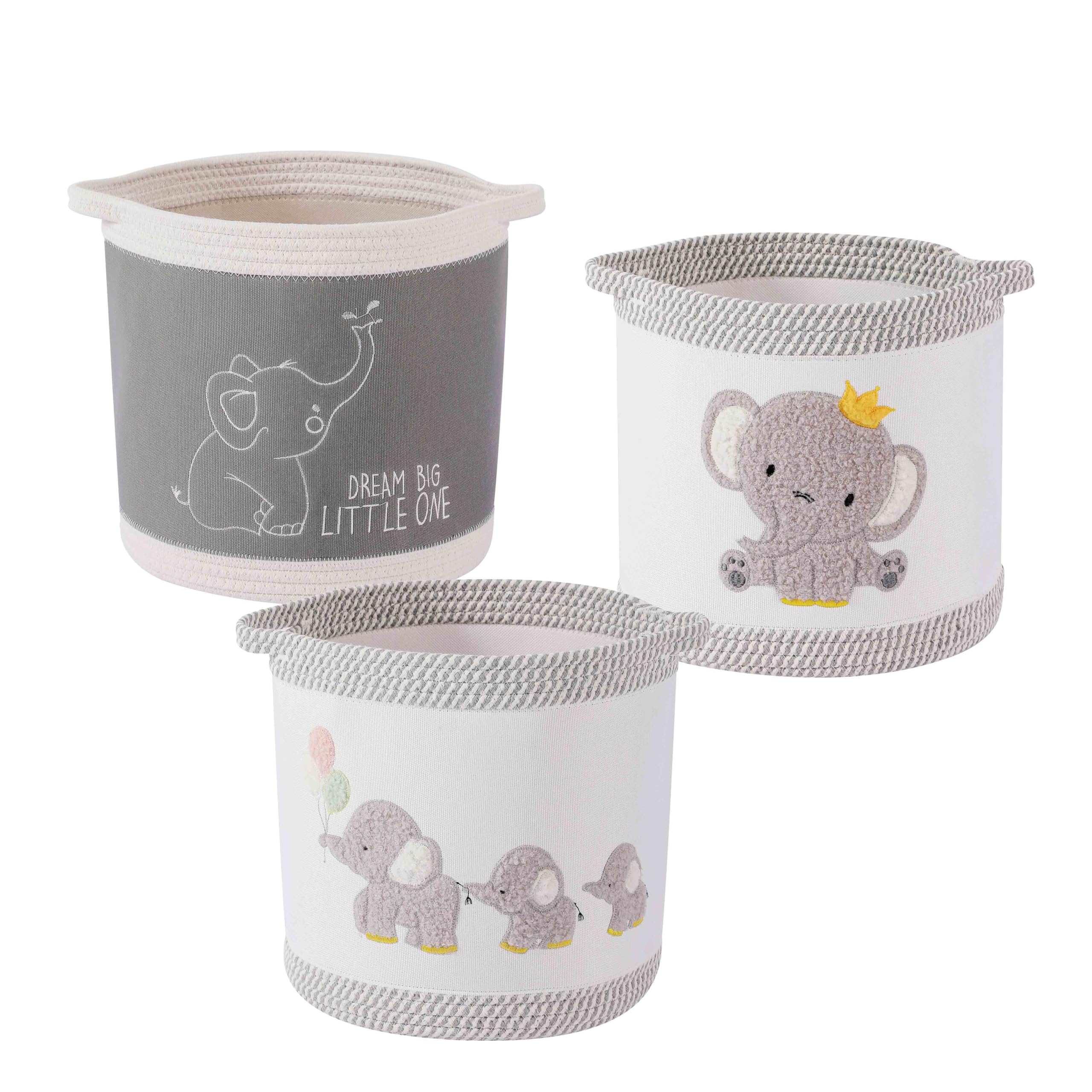 3-Piece Woven Baby Toy Blanket Storage Baskets Laundry Hampers, Elephant Design Foldable Nursery Organizer for Toys Clothes Stuf