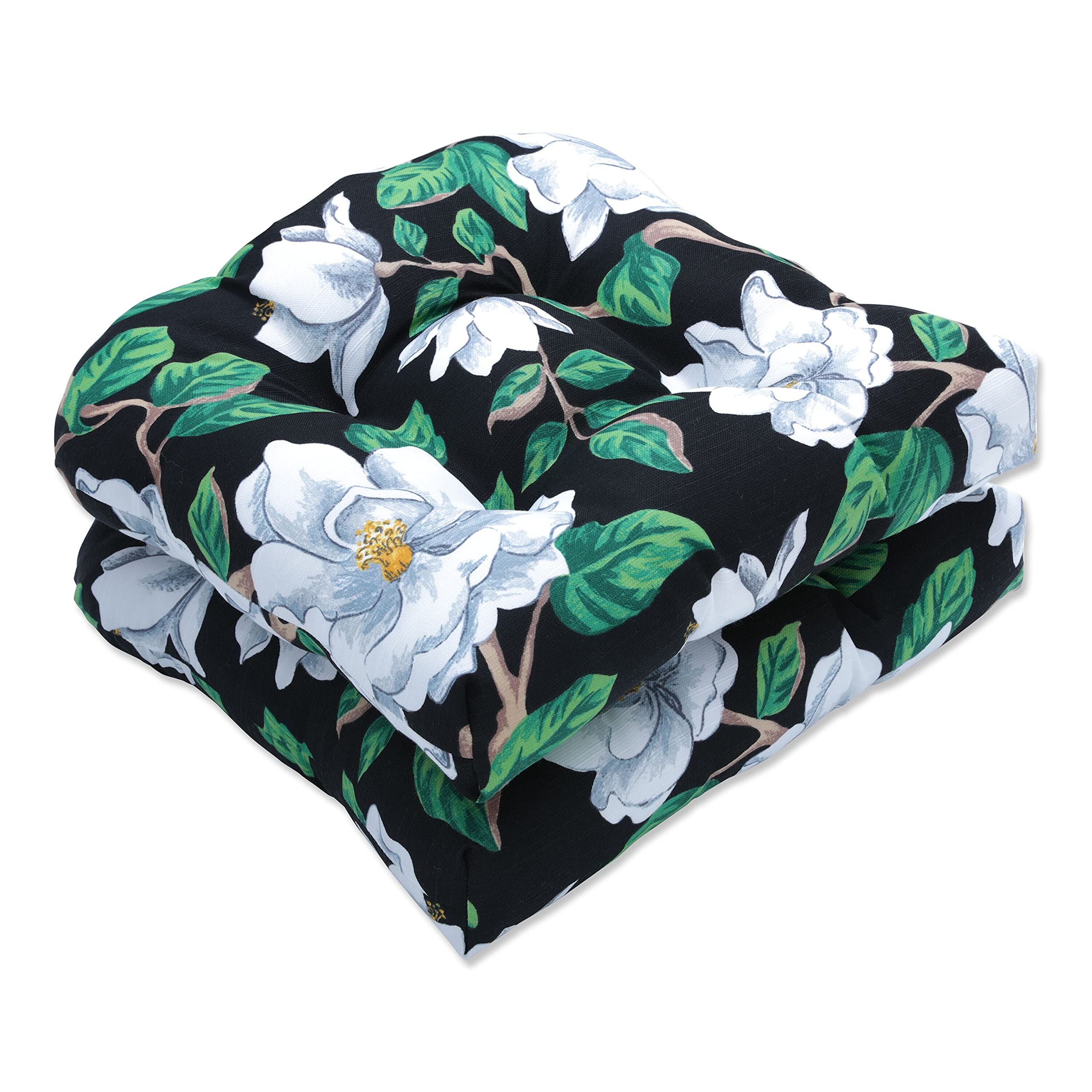 Pillow Perfect Floral Indoor/Outdoor Chair Seat Cushion, Tufted, Weather, And Fade Resistant, 19' X 19', Black/White Magnolia,