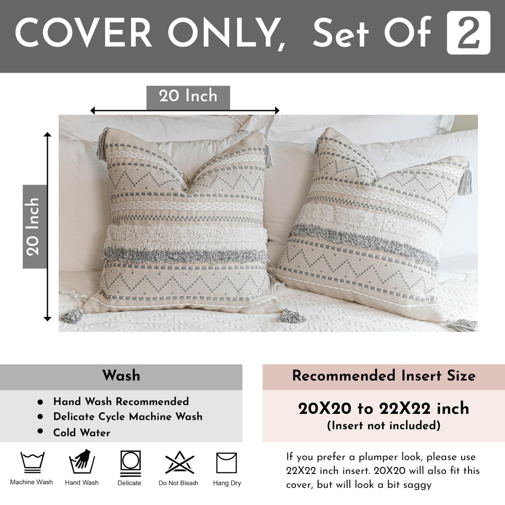 Blissblush Gray Decorative Throw Pillow Cover 20X20 Combo Set Of 2 Square Boho Neutral Grey Accent Pillowcase Tassels Farmhouse