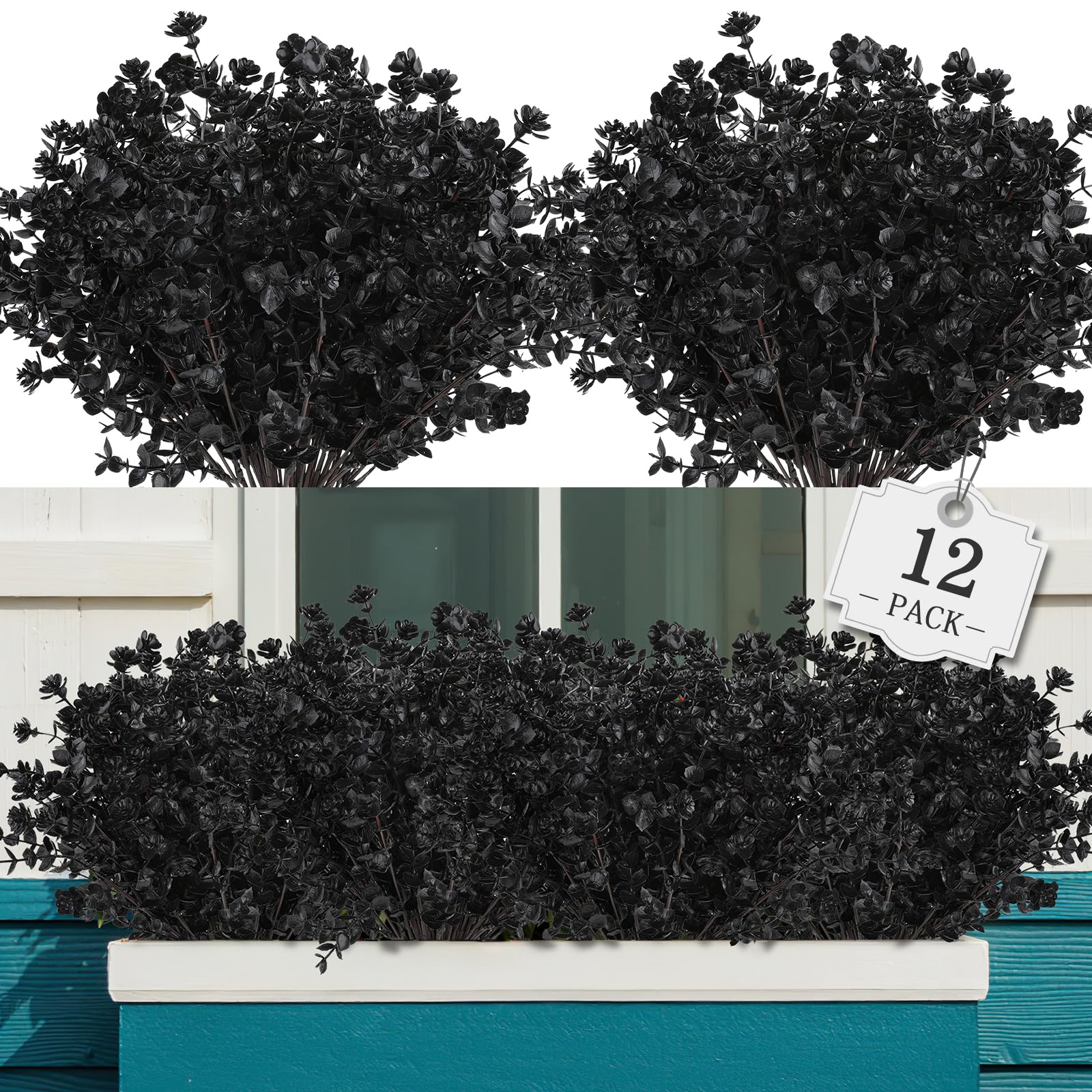AGIRL 12 Bundles Black Artificial Flowers for Outdoor,No Fade Fake Plastic Flowers Faux Plants for Halloween Decor,Hanging Plant