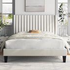 Yaheetech Full Bed Frame Upholstered Platform Bed With Fabric Headboard, Wing Edge Design/Non-Slip And Noise-Free/Wooden Slats Support/No Box Spring Needed/Easy Assembly, Beige Full Bed