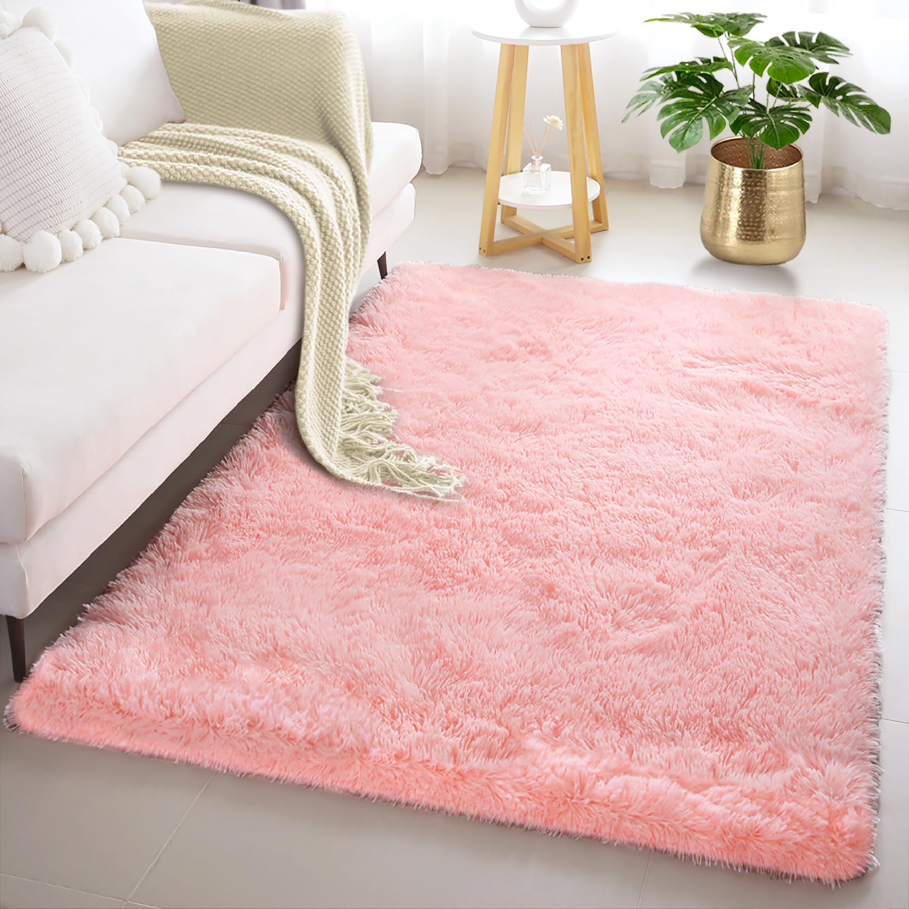 KCHOWUA Pink Fluffy Shag Rugs for Bedroom Girls,4x6 Machine Washable Soft Shaggy Fuzzy Throw Cute Large Area Rug for Living Room