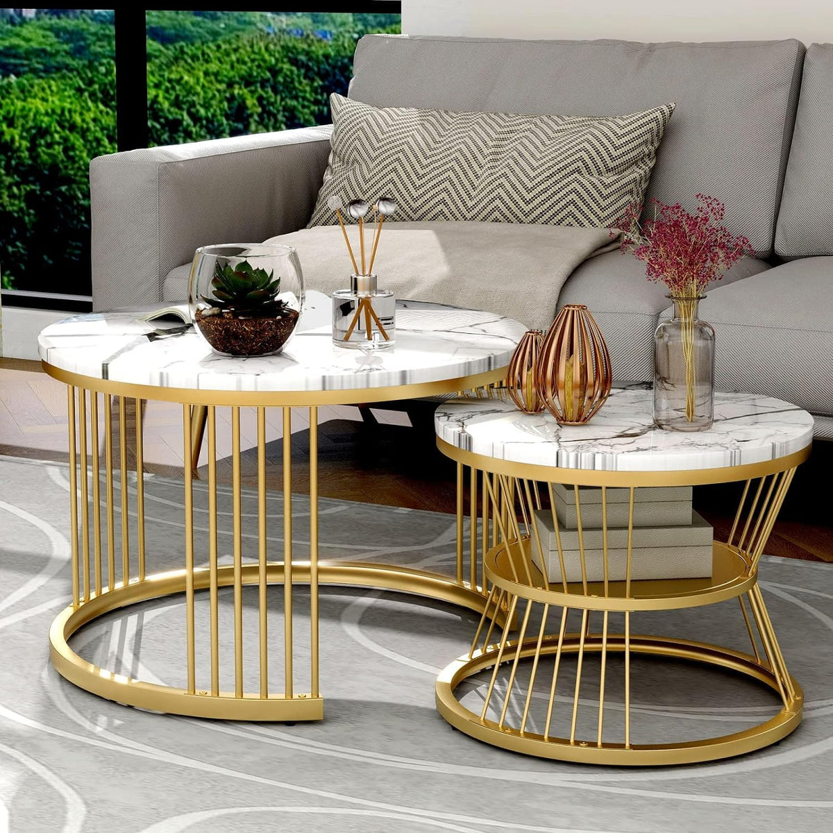 Edeueque Round Coffee Table, Modern Nestings Table Set Of 2, Sofa Side Table With Marble Veneer Top And Metal Frame, End Table F