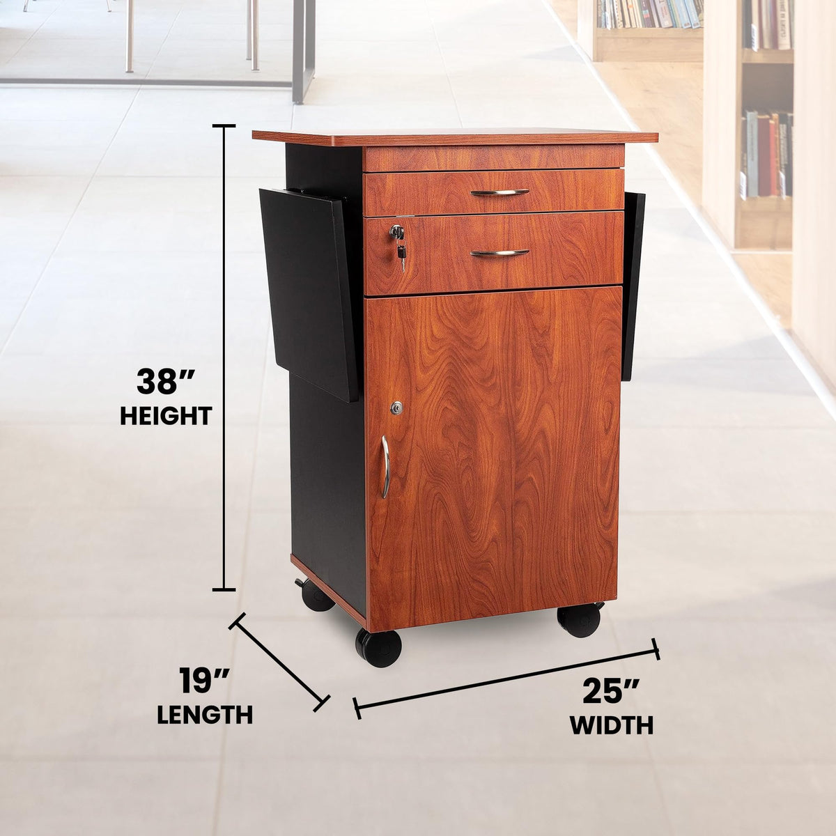 Oklahoma Sound Rolling Portable Multimedia Presentation Cart Stand with Wheels, Dual Flip-Up Side Shelves, Lockable Storage, Cherry/Black
