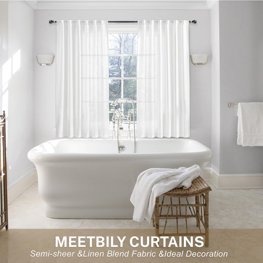 Meetbily White Kitchen Curtains 45 Inch Length 2 Panels Set Back Tab Pocket Farmhouse Light Filtering Semi Sheer Short Linen Cur