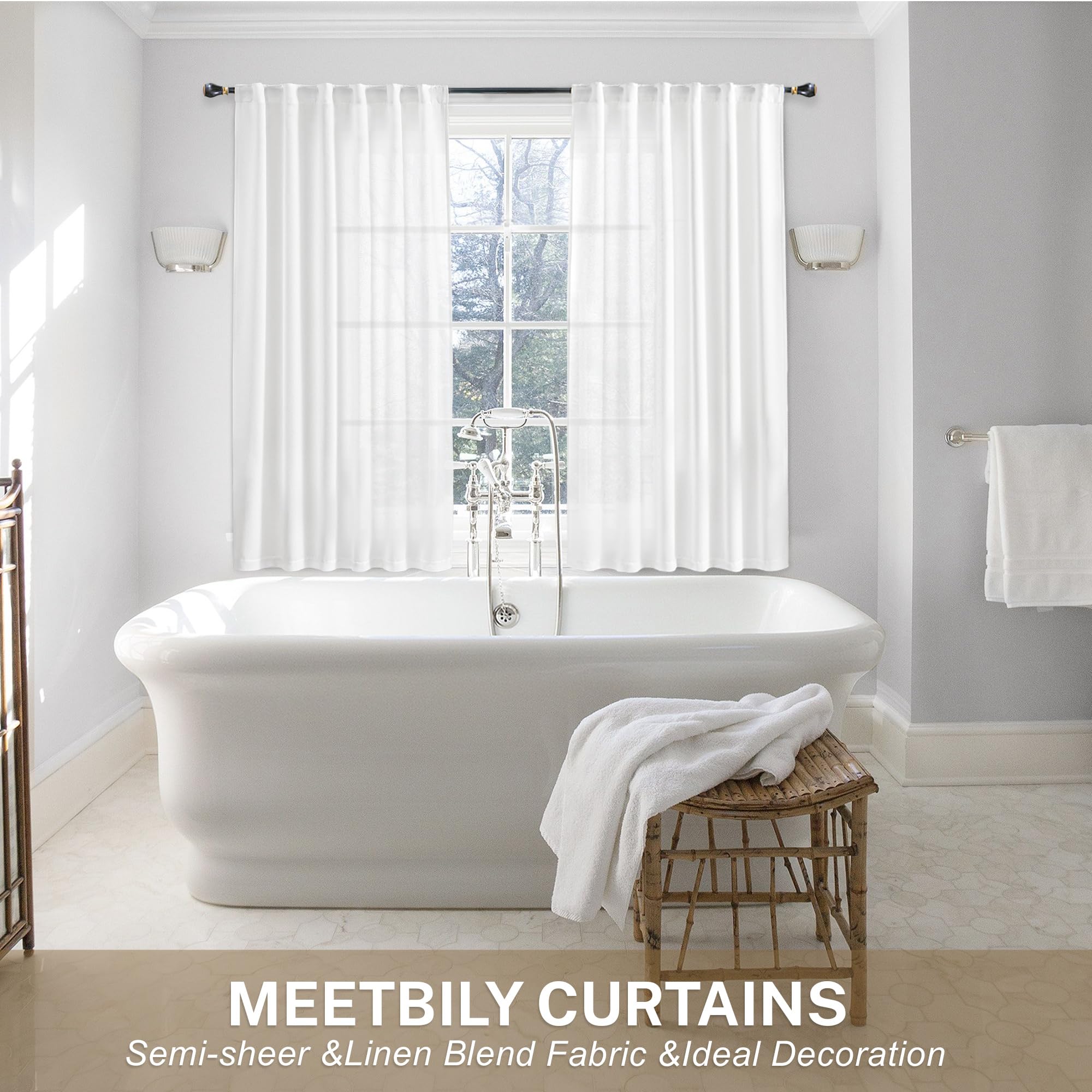 Meetbily White Kitchen Curtains 45 Inch Length 2 Panels Set Back Tab Pocket Farmhouse Light Filtering Semi Sheer Short Linen Cur