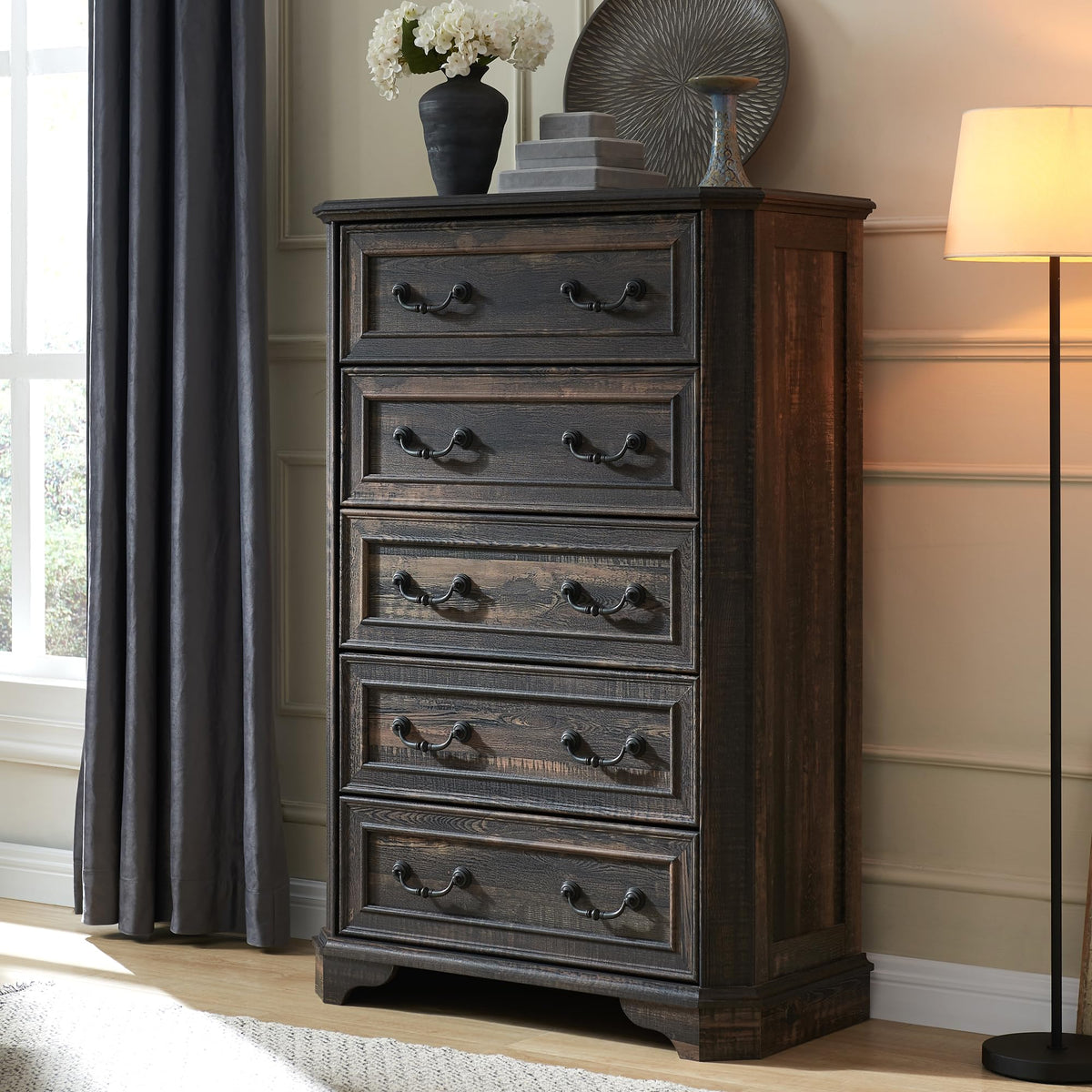 T4Tream Farmhouse 5 Drawers Dresser For Bedroom, 48' Tall Wood Rustic Chest Of Drawers With Natural Texture, Vintage Design, Storage Dressers Organizer For Bedroom, Living Room, Dark Rustic Oak