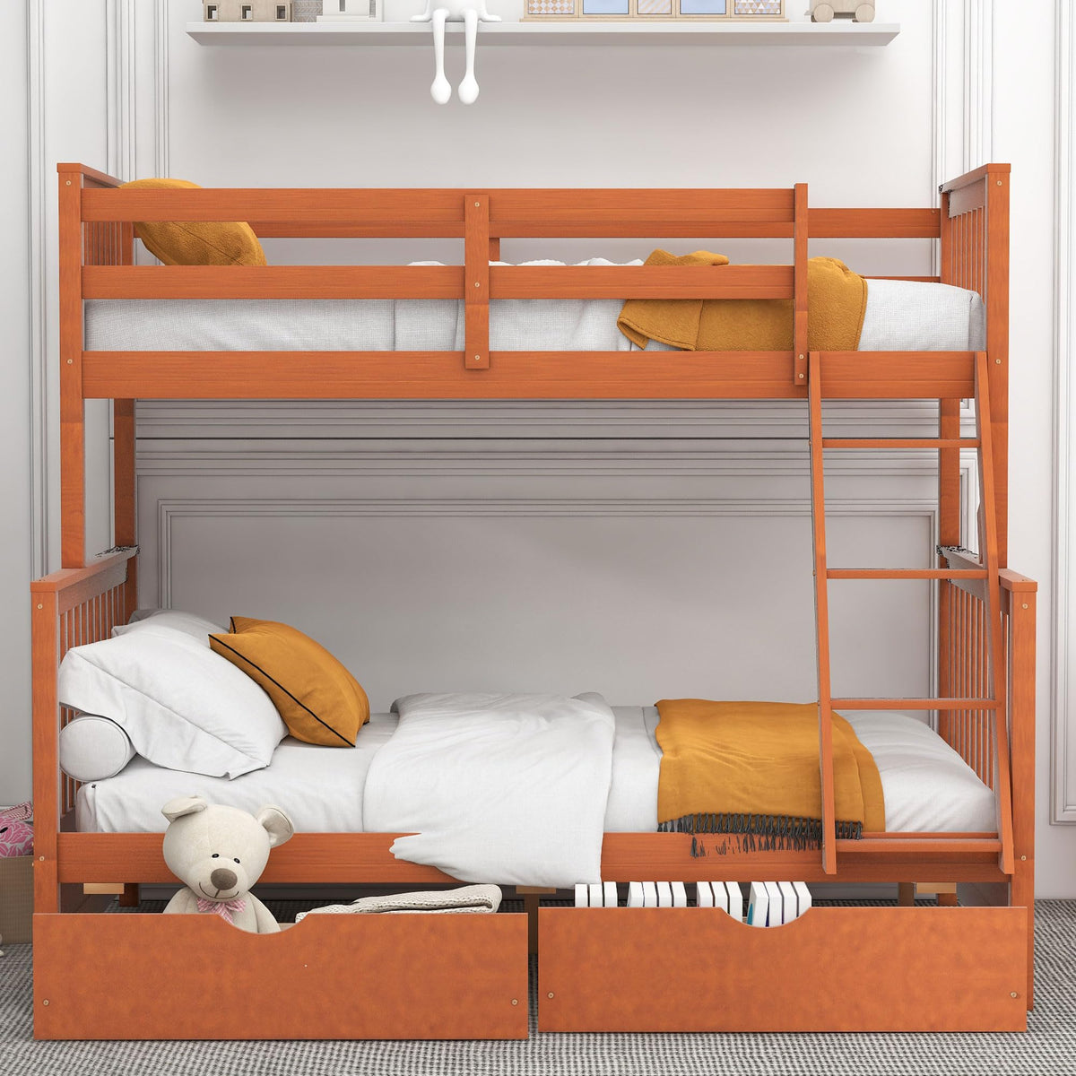 Merax Wood Bunk Bed With Drawers,Convertible Wood Bunk Bed With Ladders And Two Storage Drawers,Solid Wood Detachable Bunk Bed Frame With Ladders,Twin Over Full Size,Walnut