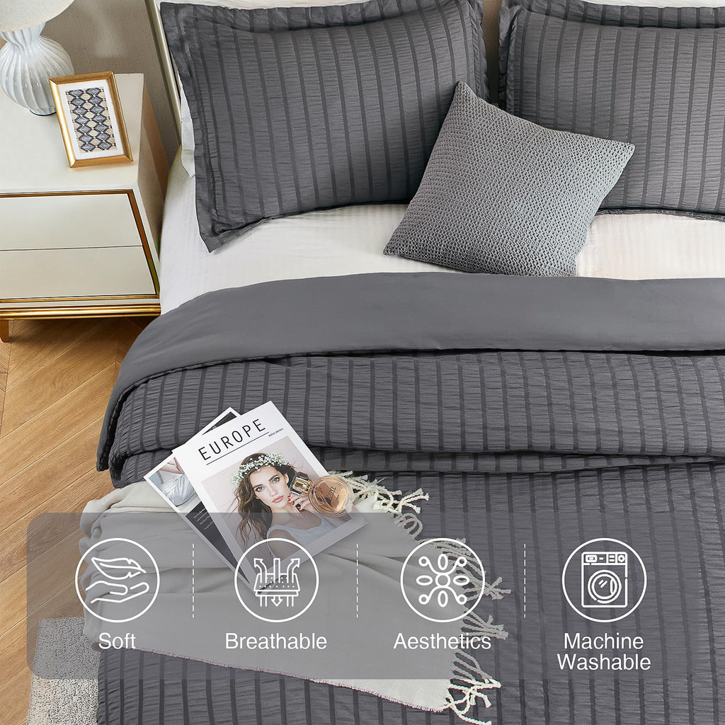 Satisomnia Queen Comforter Set Grey, Soft Seersucker Comforters Queen Size Bed, 3 Pieces Lightweight Down Alternative Bedding Co
