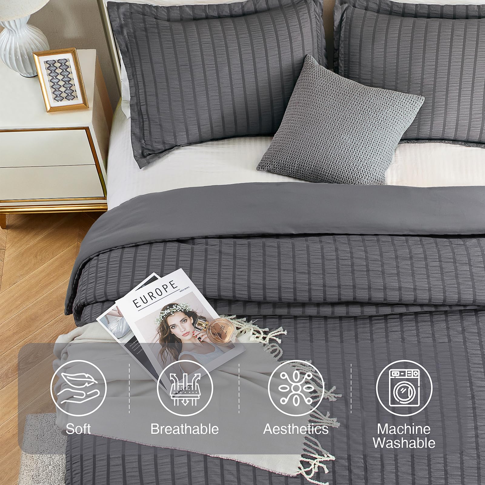 Satisomnia Queen Comforter Set Grey, Soft Seersucker Comforters Queen Size Bed, 3 Pieces Lightweight Down Alternative Bedding Co