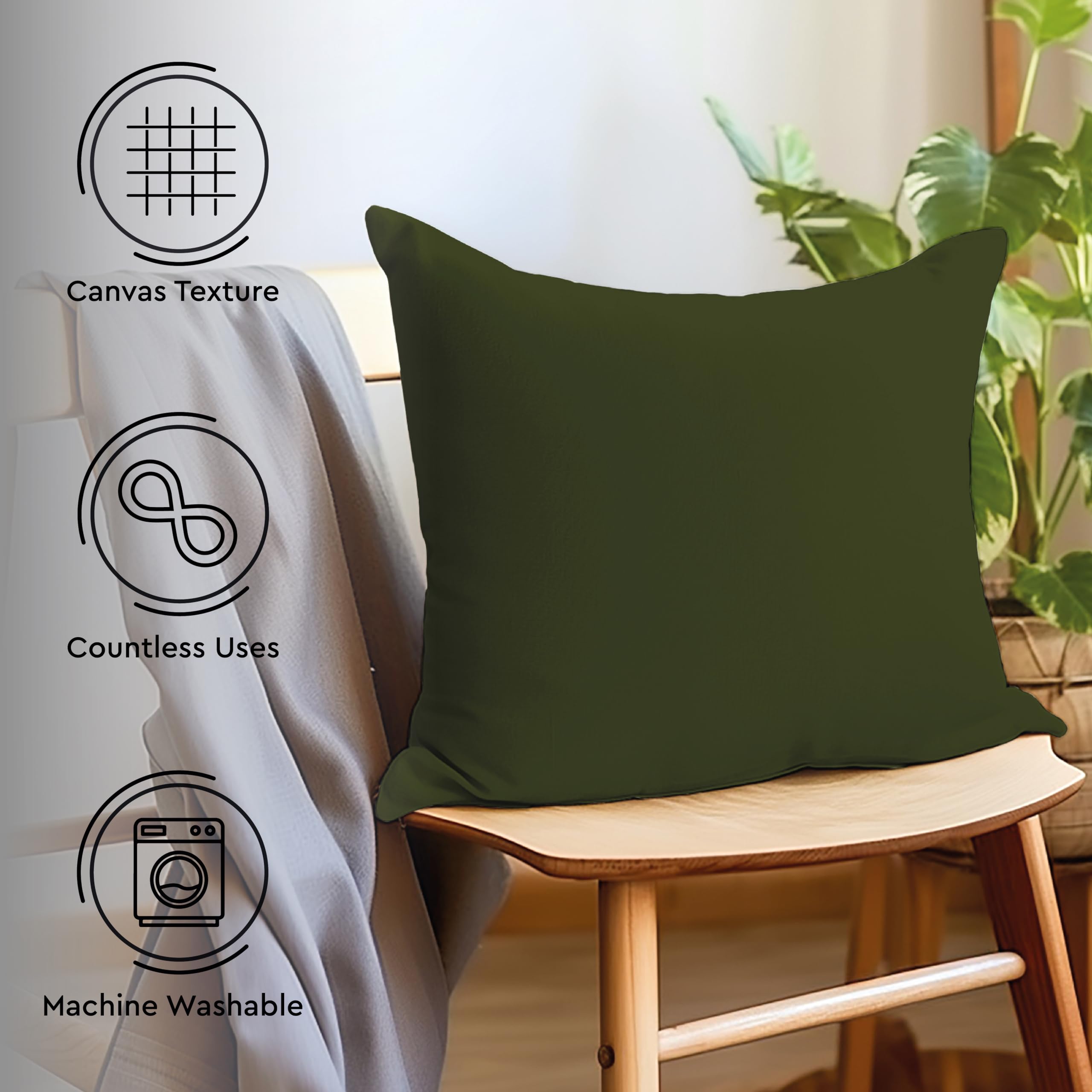 Cotton Canvas Throw Pillow Covers By Encasa Pack Of 2 Leaf Green 18'X18' No Insert With Hidden Zipper | Decorative Cushion Cov