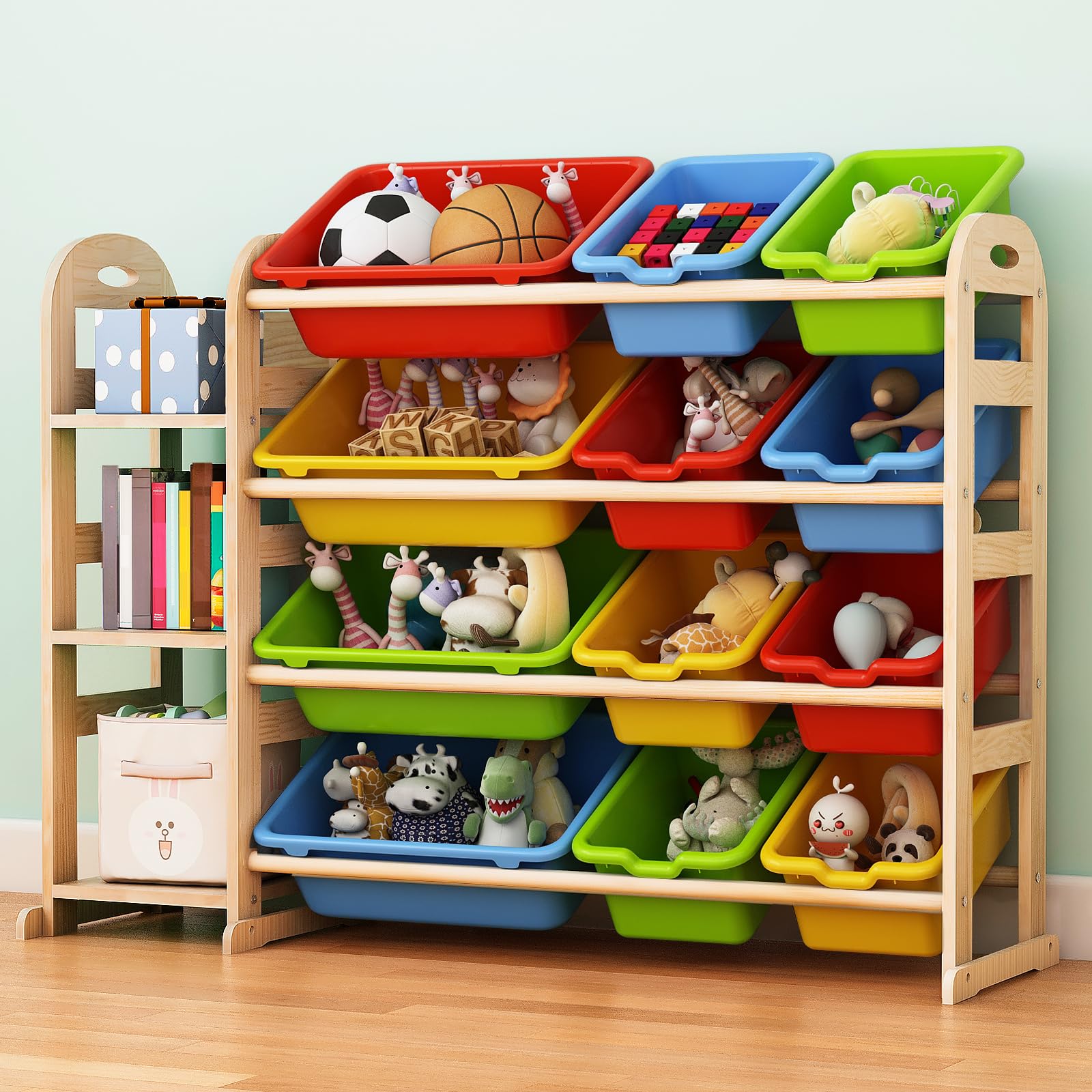 Orekemo Toy Storage Organizer with Bookshelf, Wooden Toy Organizers with 3 Shelves 12 Storage Bins, Kids Bin Shelf Toys Box Book