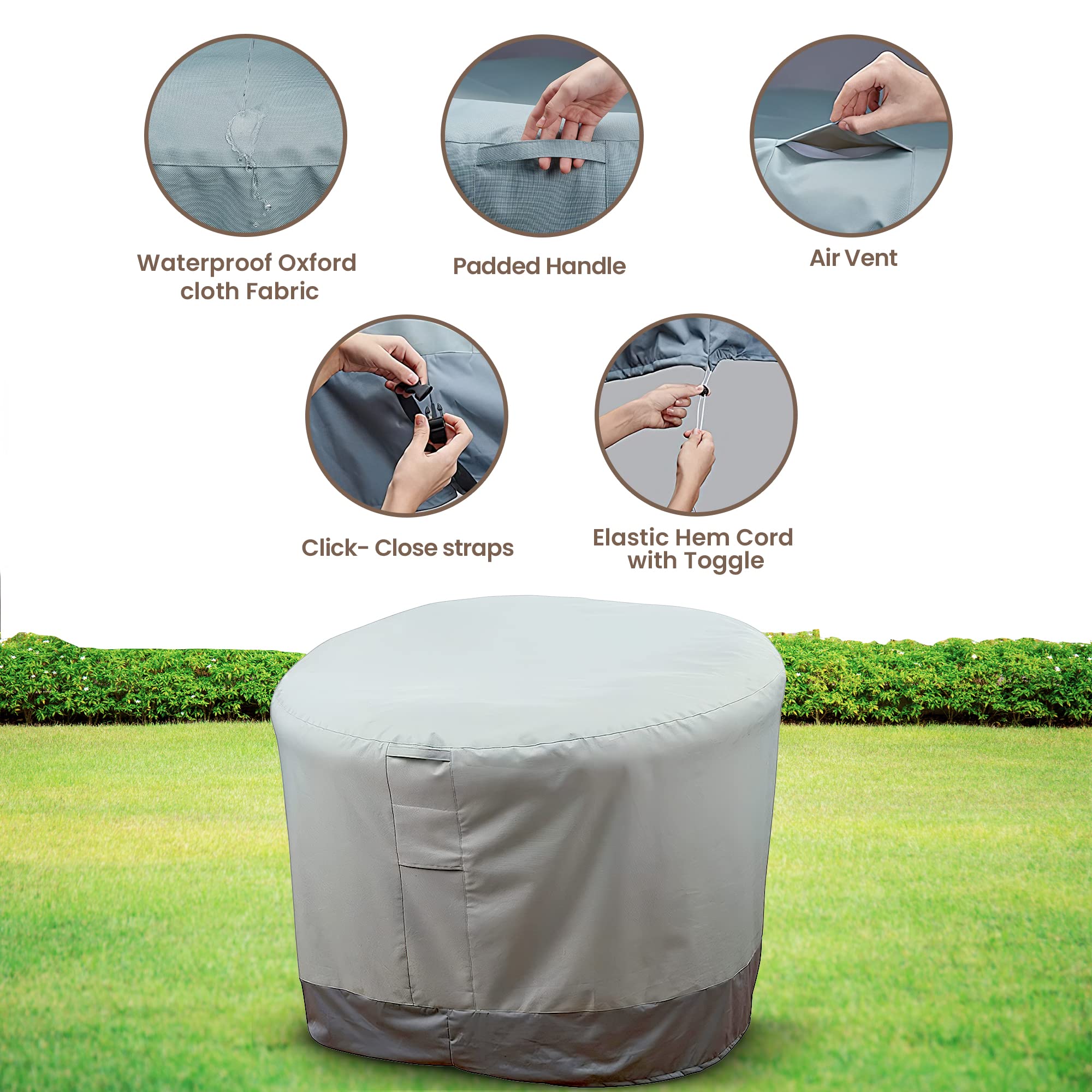 Hudson Comfort Papasan Chair Cover - Waterproof Outdoor Cover - Click-Close Straps And Elastic Hem Cord For Custom Fit - Durable Padded Handle & Air Vent For Circulation - 52' Dia X 35' Height (Gray)