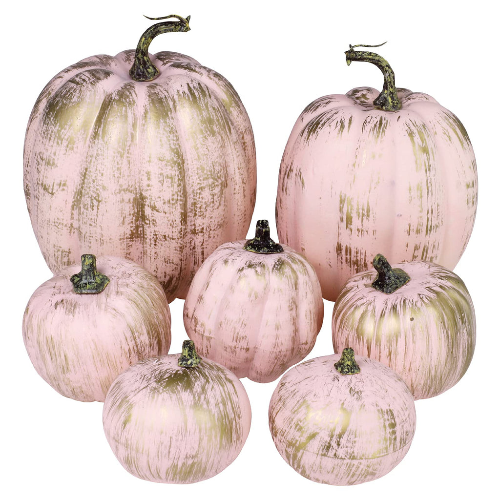 7 Pcs Assorted Artificial Gold Brushed Pink Pumpkins Rustic Decorative Pumpkins Foam Pumpkins for Fall Halloween Harvest Wedding